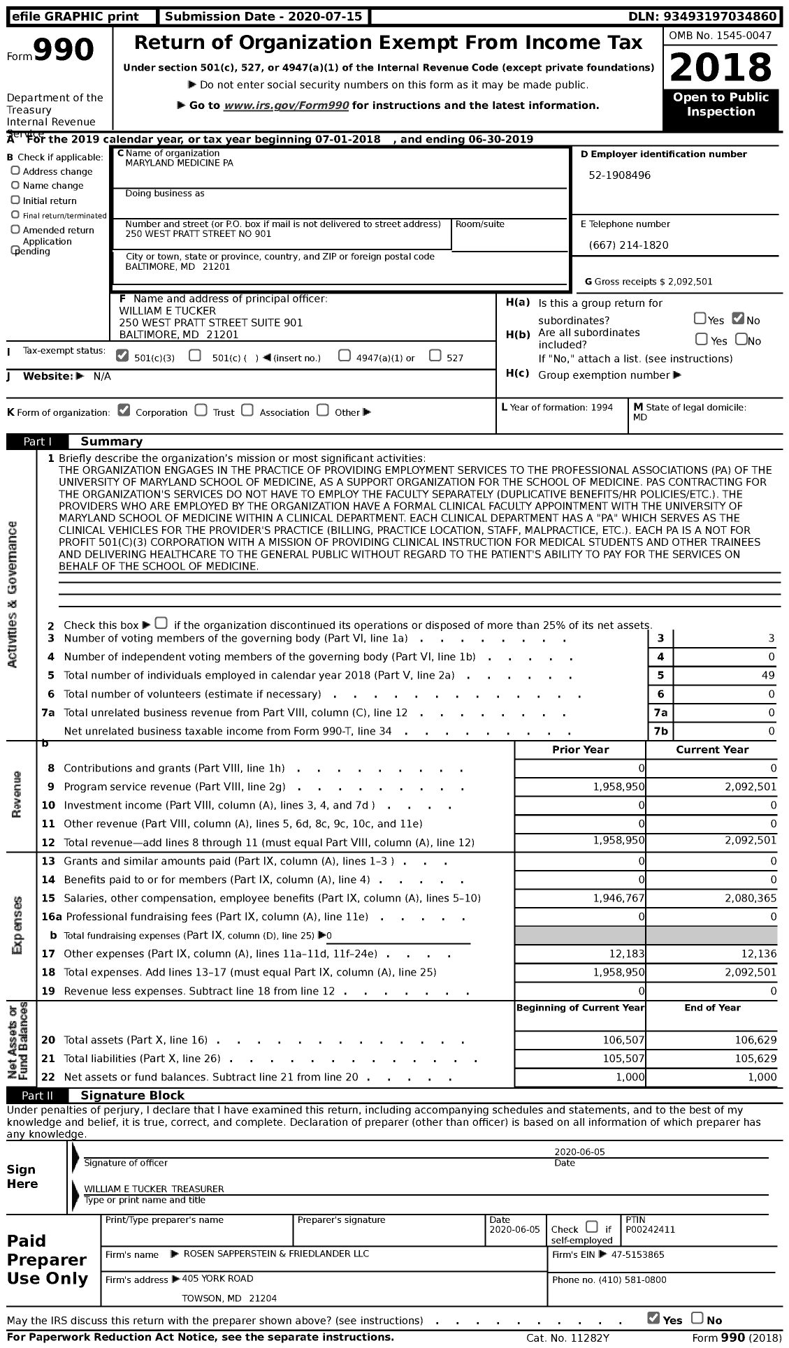Image of first page of 2018 Form 990 for Maryland Medicine Pa