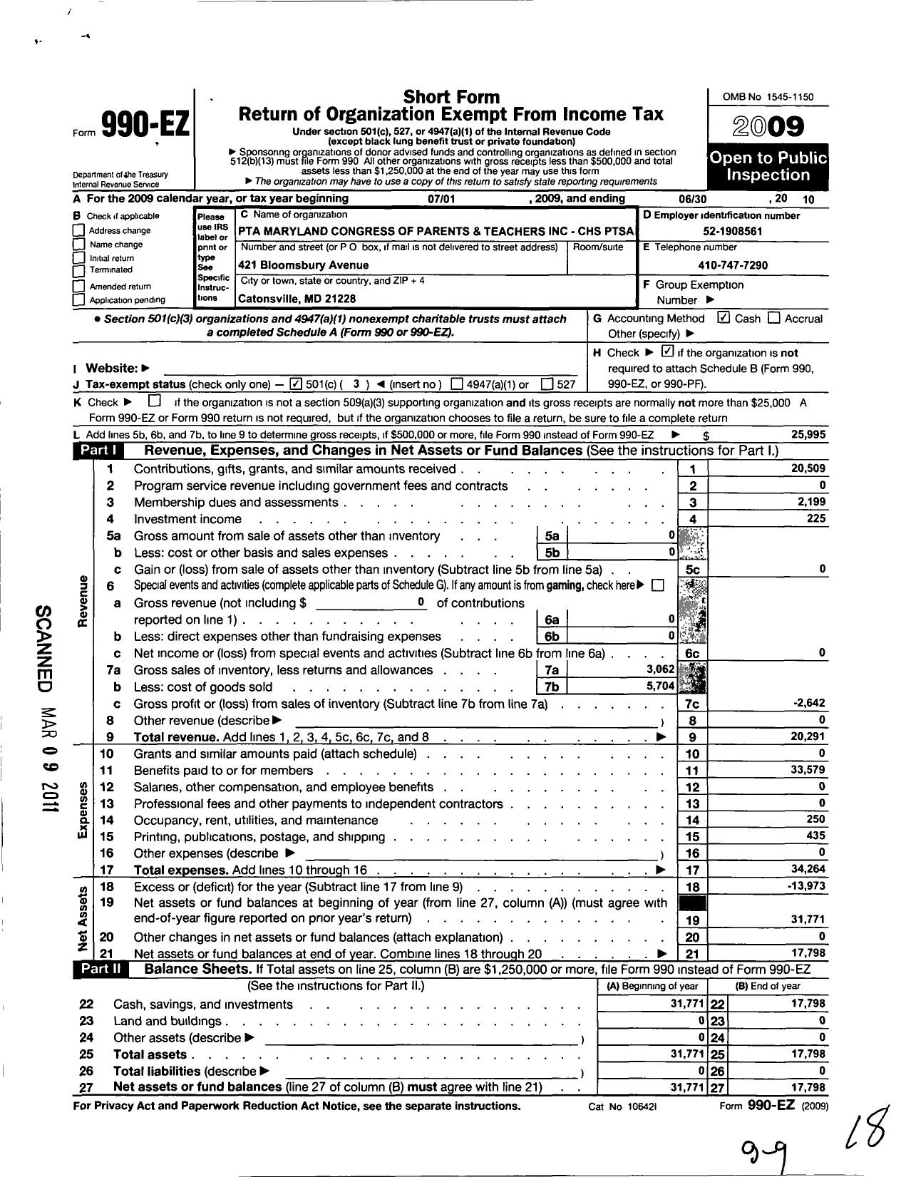 Image of first page of 2009 Form 990EZ for PTA Delaware Congress / Catonsville High School Ptsa