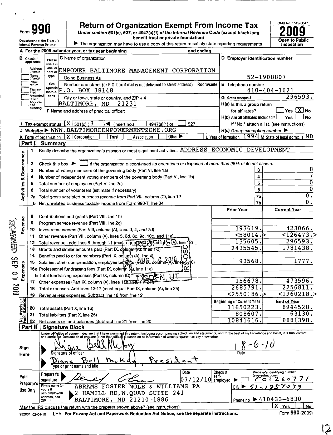 Image of first page of 2009 Form 990 for Empower Baltimore Management Corporation