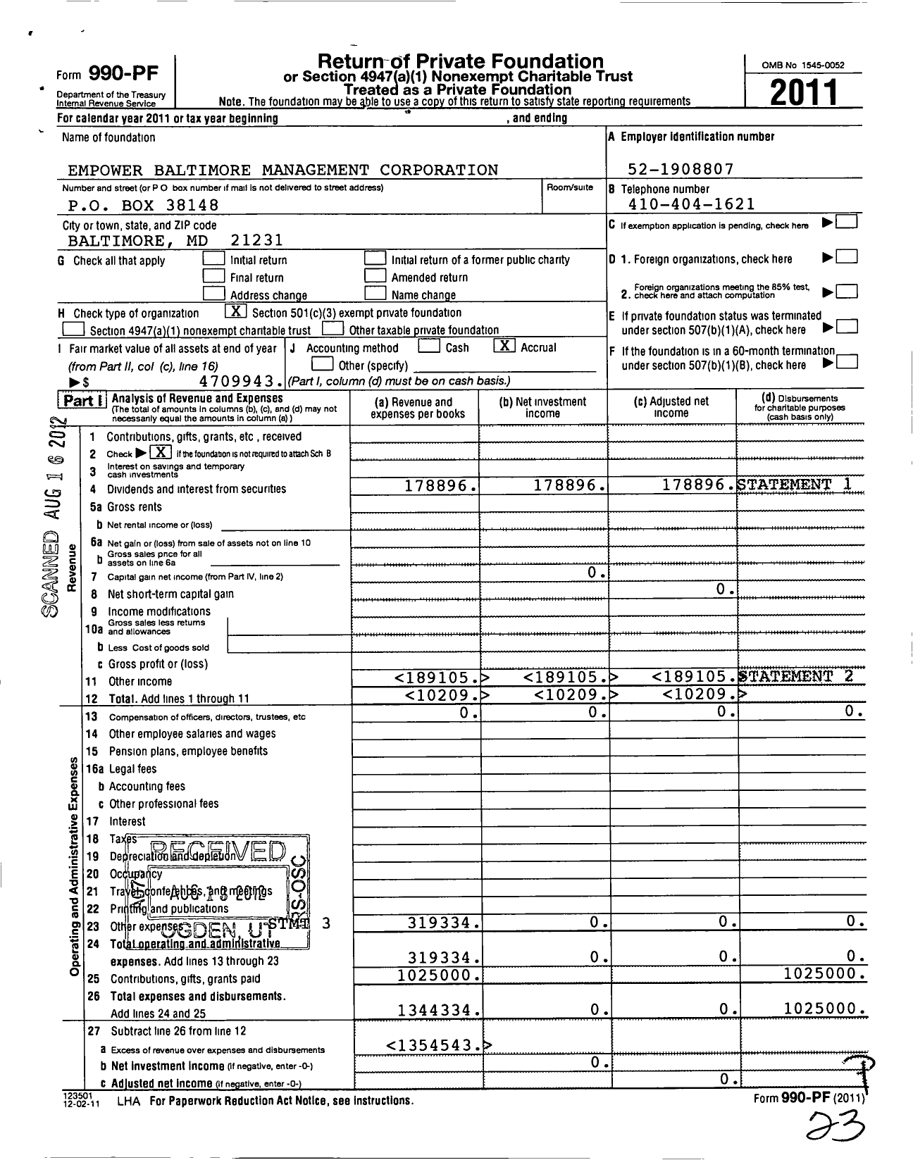 Image of first page of 2011 Form 990PF for Empower Baltimore Management Corporation