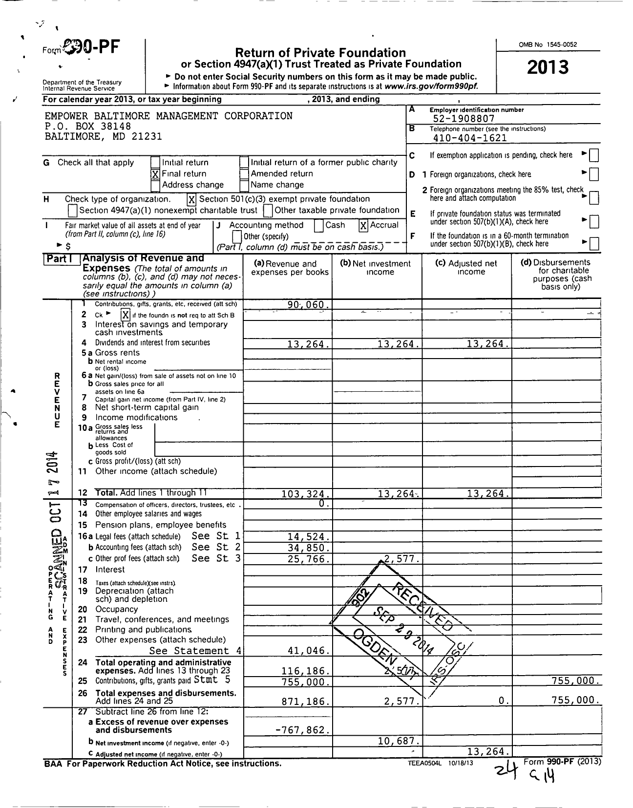 Image of first page of 2013 Form 990PF for Empower Baltimore Management Corporation