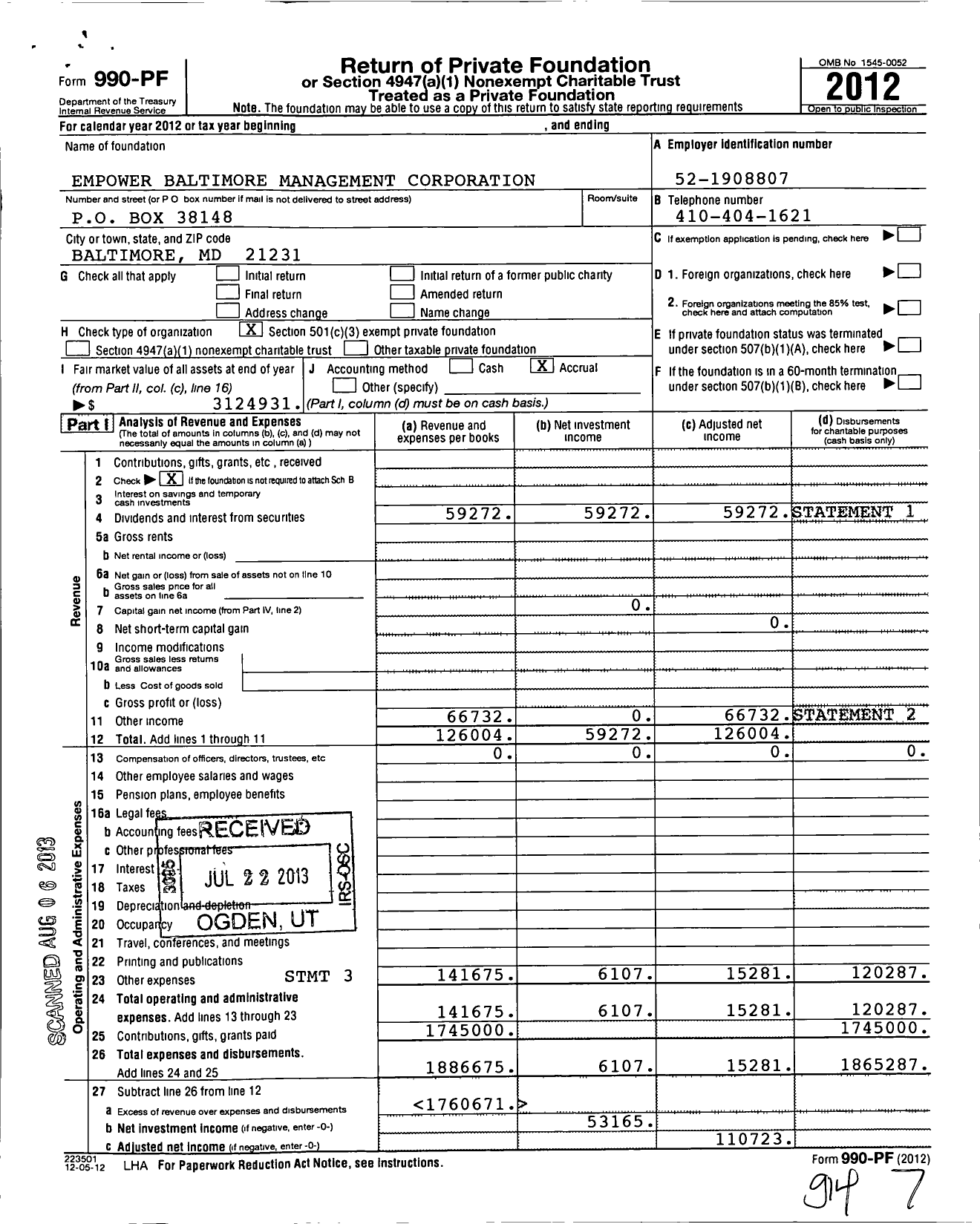 Image of first page of 2012 Form 990PF for Empower Baltimore Management Corporation