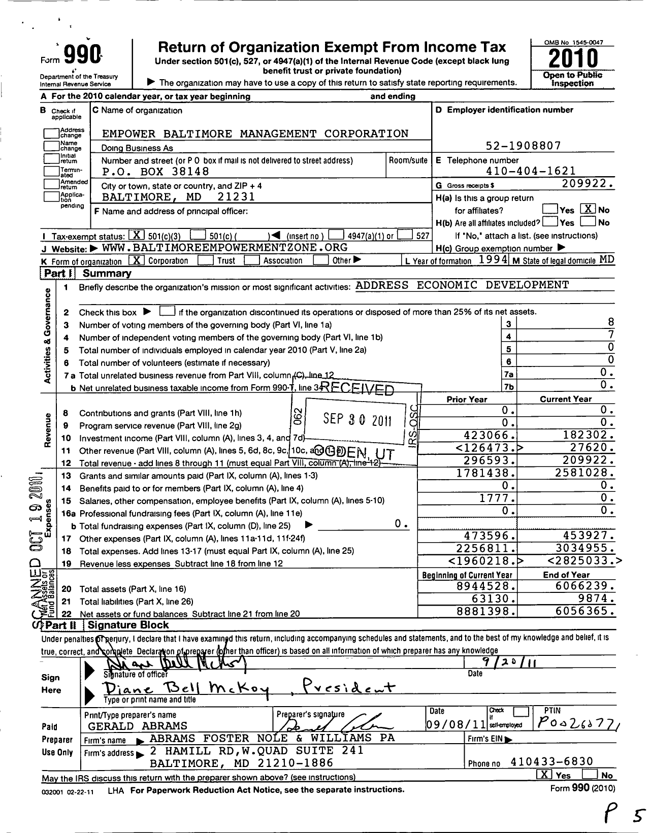 Image of first page of 2010 Form 990 for Empower Baltimore Management Corporation