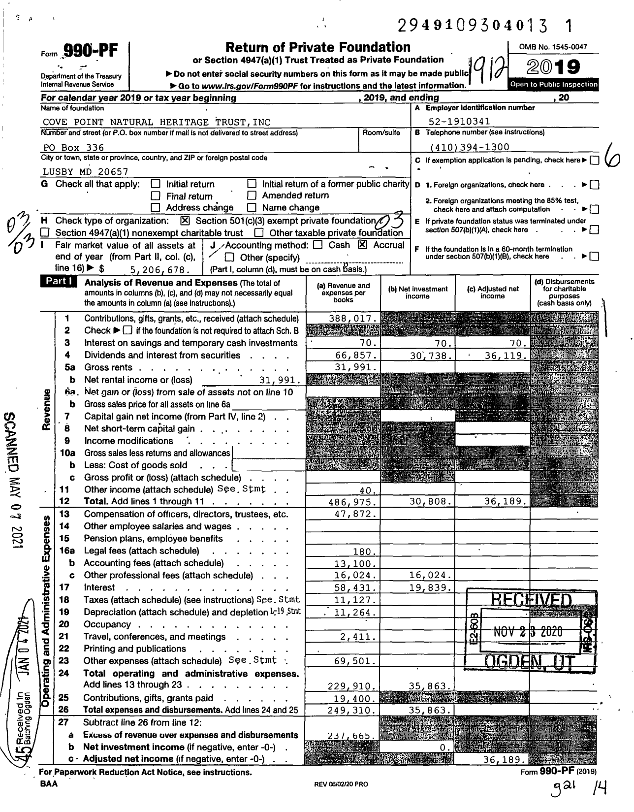 Image of first page of 2019 Form 990PF for Cove Point Natural Heritage Trust