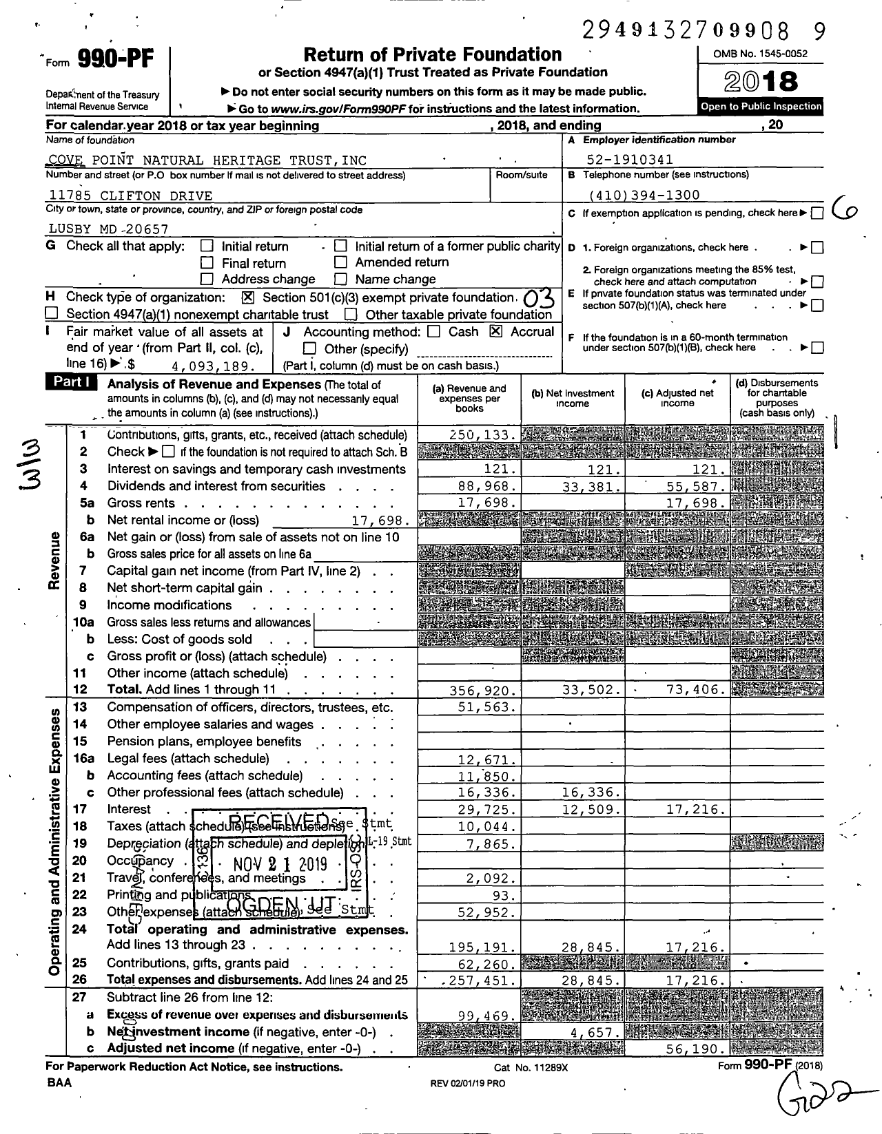 Image of first page of 2018 Form 990PF for Cove Point Natural Heritage Trust