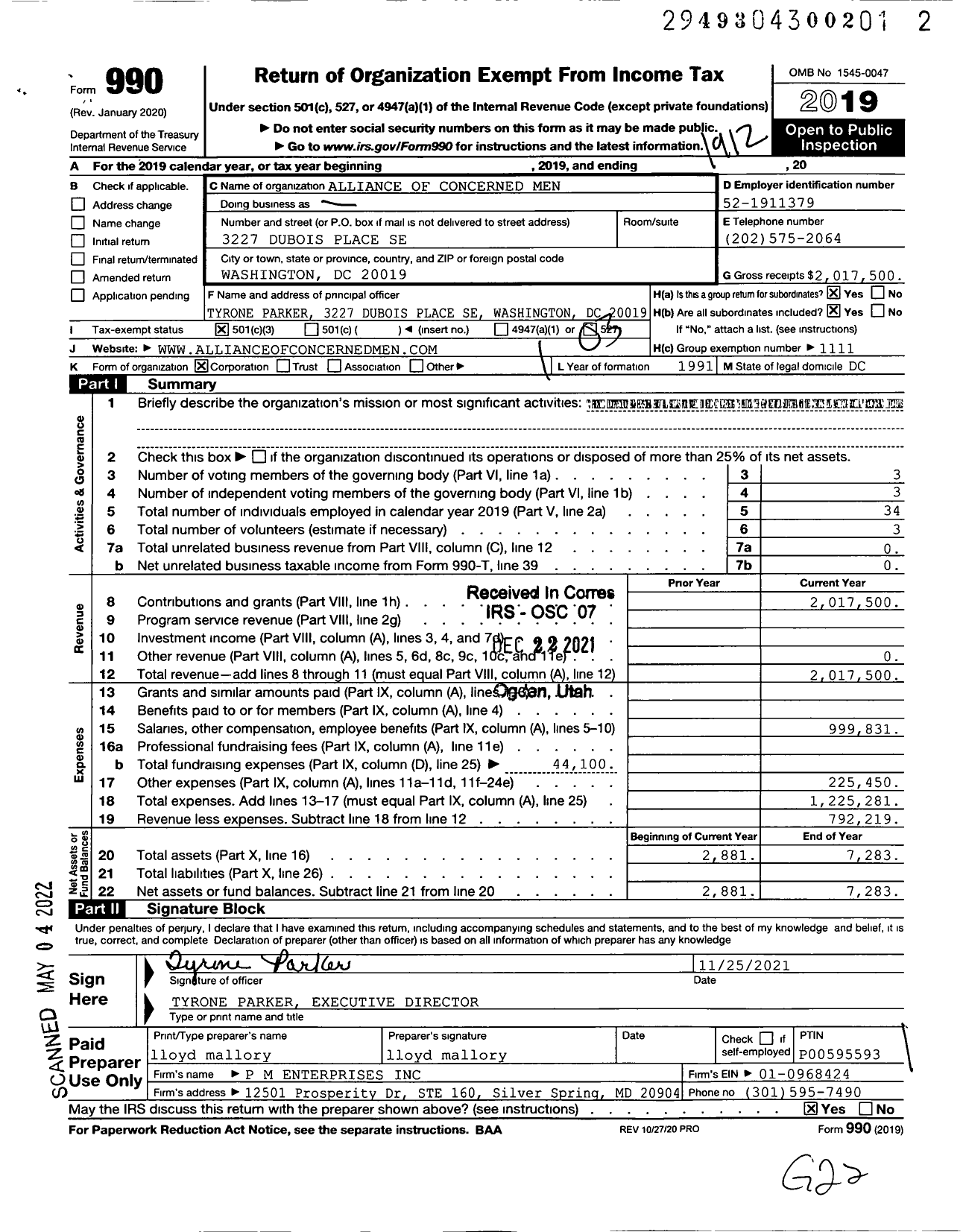 Image of first page of 2019 Form 990 for Alliance of Concerned Men