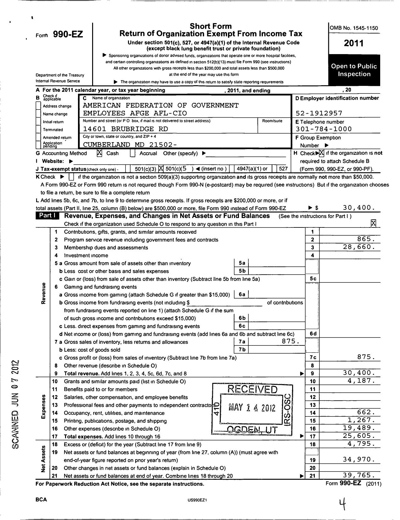 Image of first page of 2011 Form 990EO for American Federation of Government Employees - 4010 AFGE Bop Local