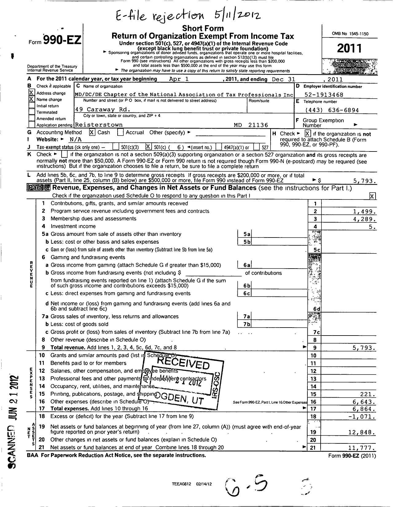 Image of first page of 2011 Form 990EO for National Association of Tax Professionals / MD Chapter of Natp