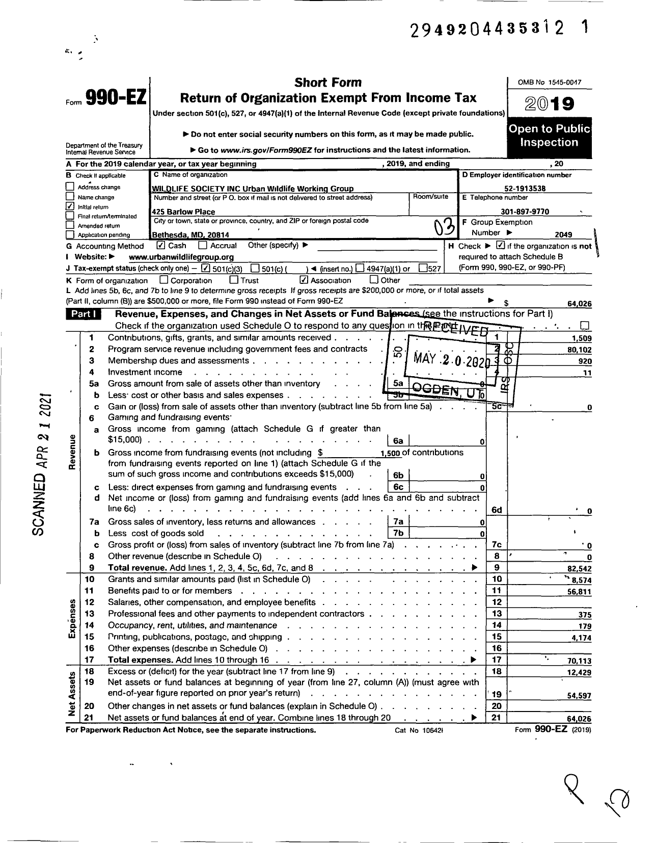 Image of first page of 2019 Form 990EZ for Urban Wildlife Working Group