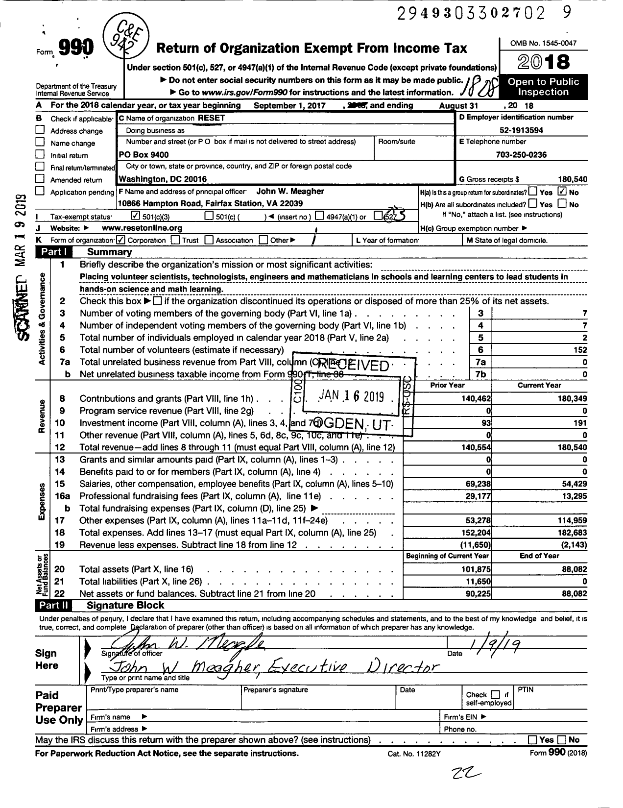 Image of first page of 2017 Form 990 for Retired Scientists Engineers and Technicians (RESET)