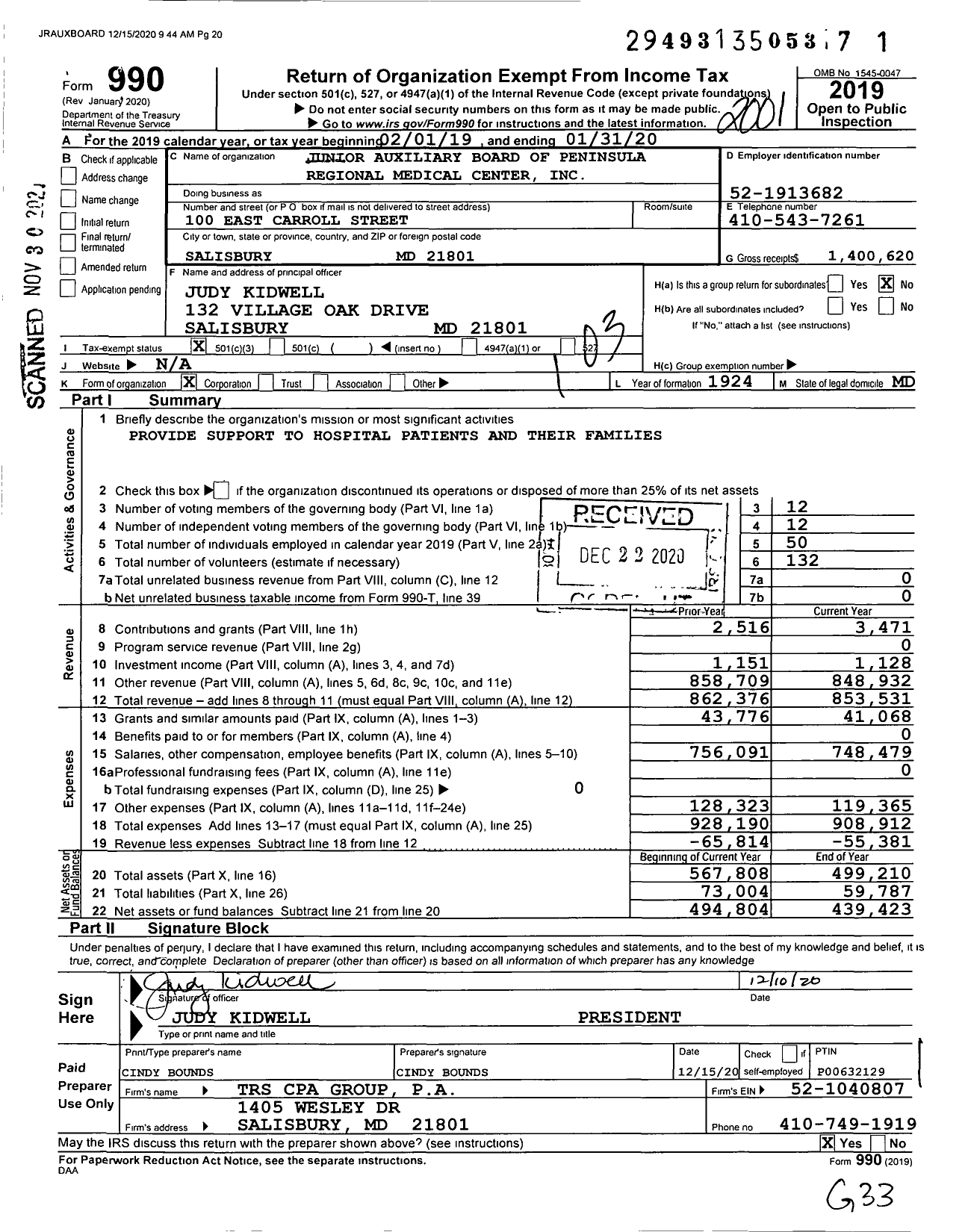 Image of first page of 2019 Form 990 for Junior Board of Tidalhealth Peninsula Medical