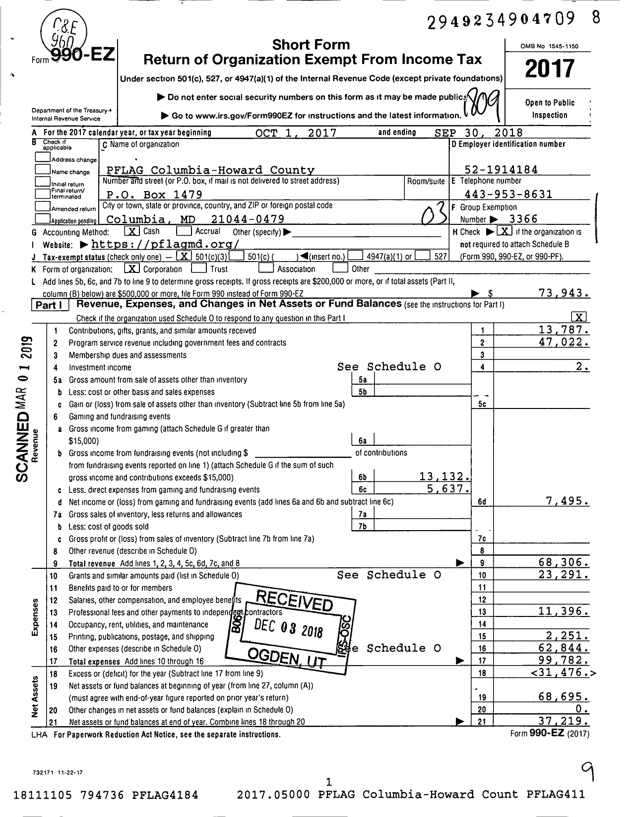 Image of first page of 2017 Form 990EZ for Pflag Columbia-Howard County