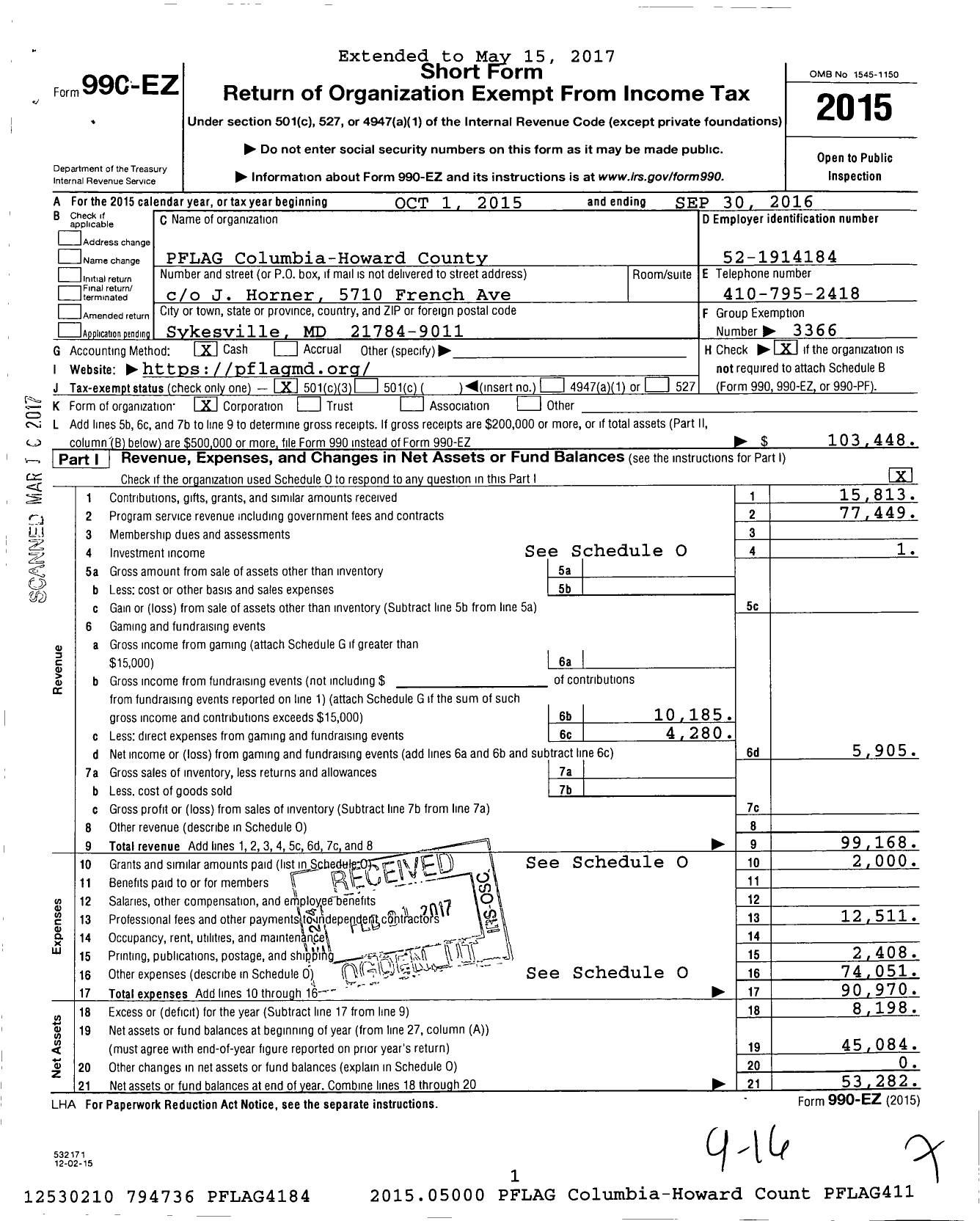 Image of first page of 2015 Form 990EZ for Pflag Columbia-Howard County