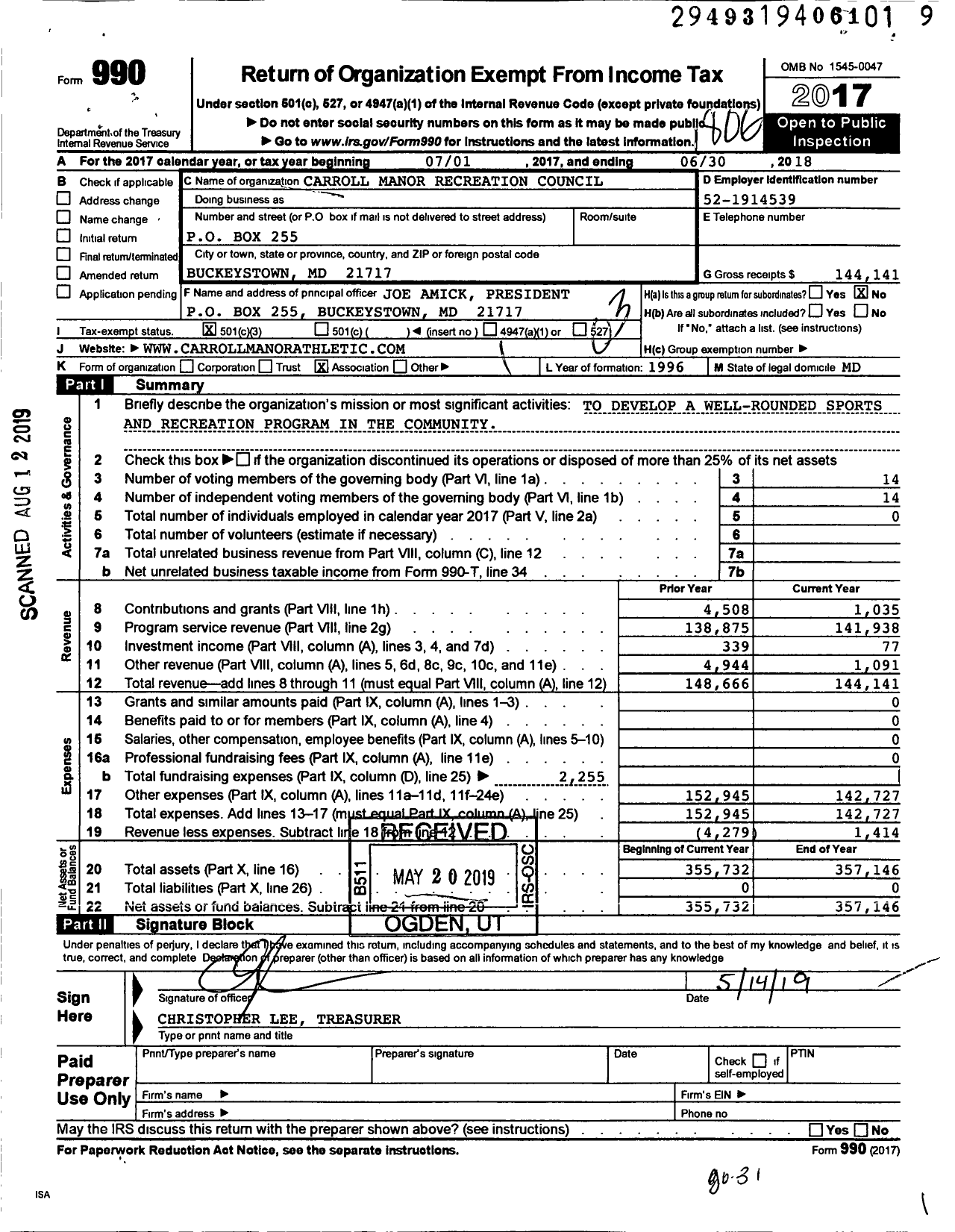 Image of first page of 2017 Form 990 for Frederick County Association of Recreation Councils / Carroll Manor Point of Rocks Rec