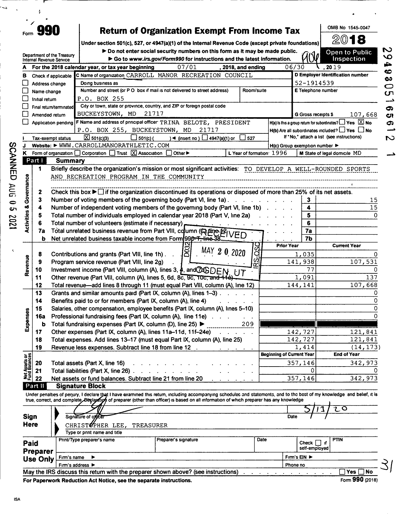 Image of first page of 2018 Form 990 for Frederick County Association of Recreation Councils / Carroll Manor Point of Rocks Rec