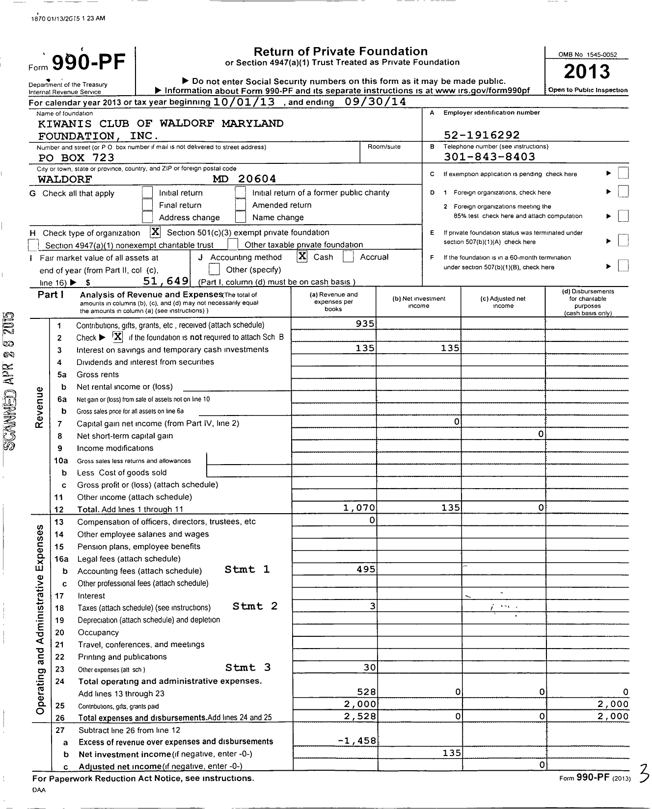 Image of first page of 2013 Form 990PF for Kiwanis Club of Waldorf MD