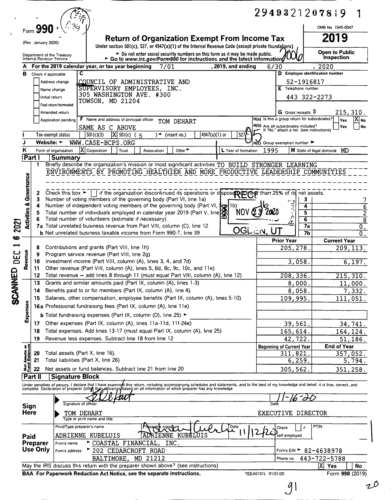 Image of first page of 2019 Form 990O for Council of Administrative and Supervisory Employees