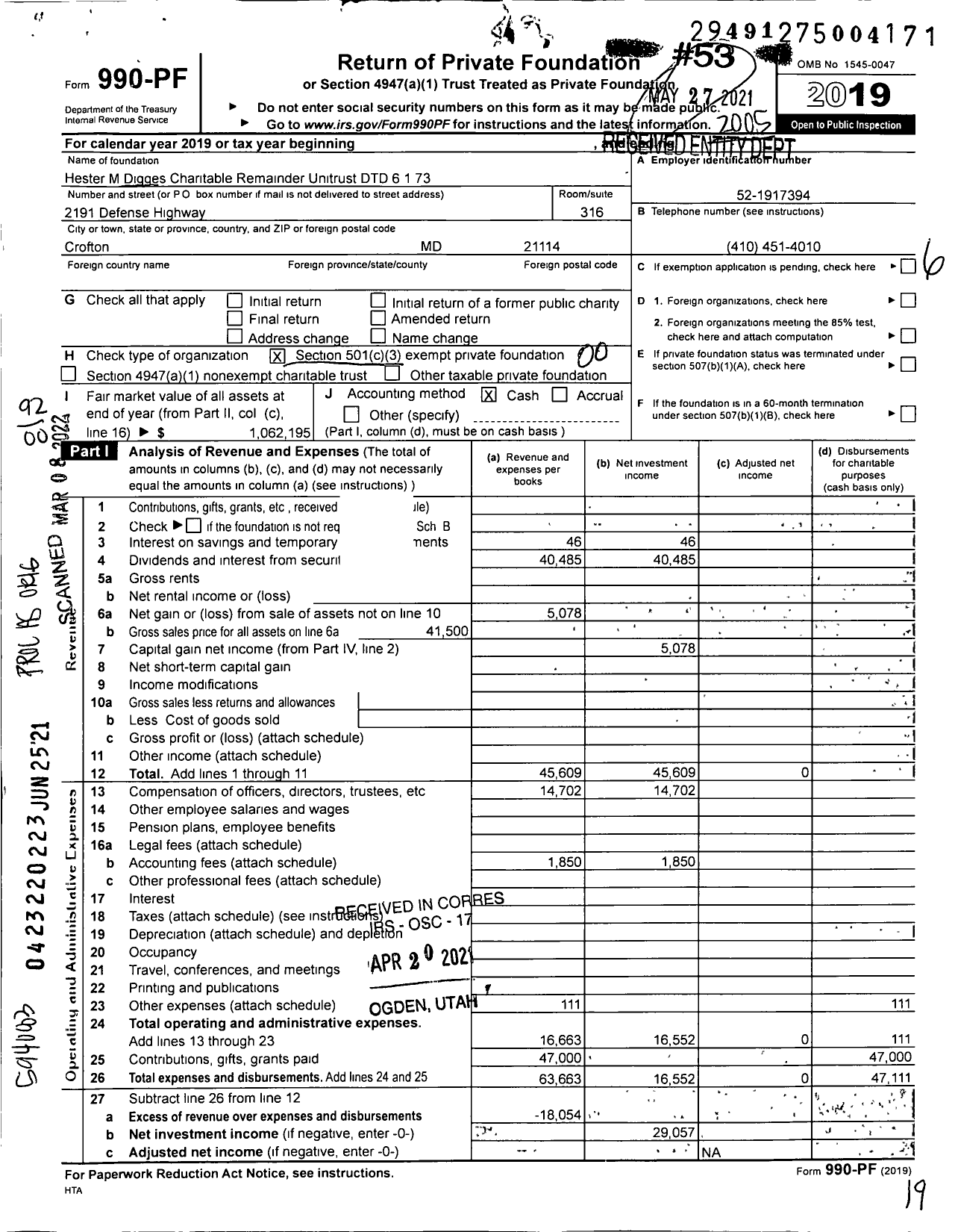 Image of first page of 2019 Form 990PF for Hester M Digges Charitable Remainder Unitrust DTD 6 1 73