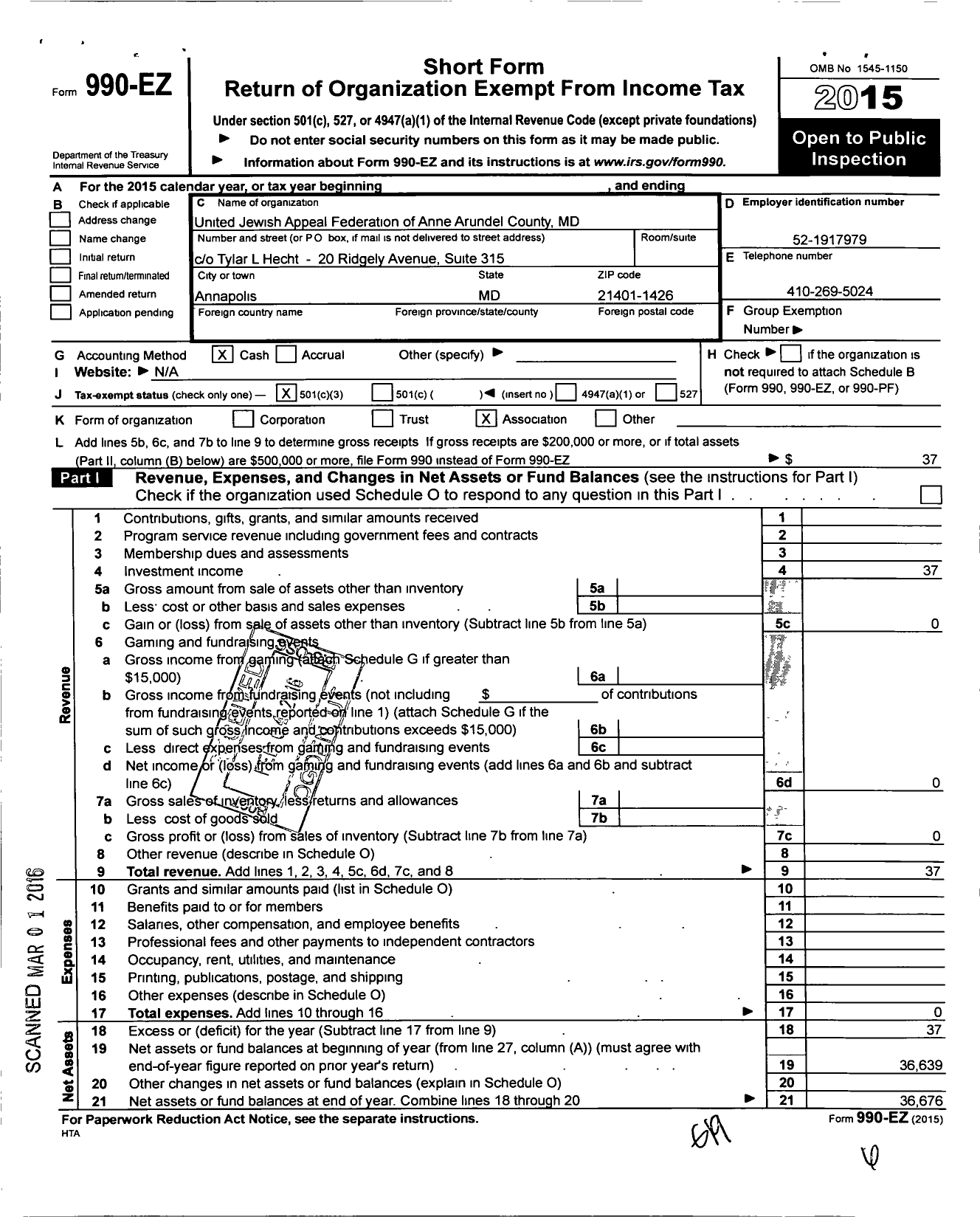 Image of first page of 2015 Form 990EZ for United Jewish Appeal Federation of Anne Arundel County MD