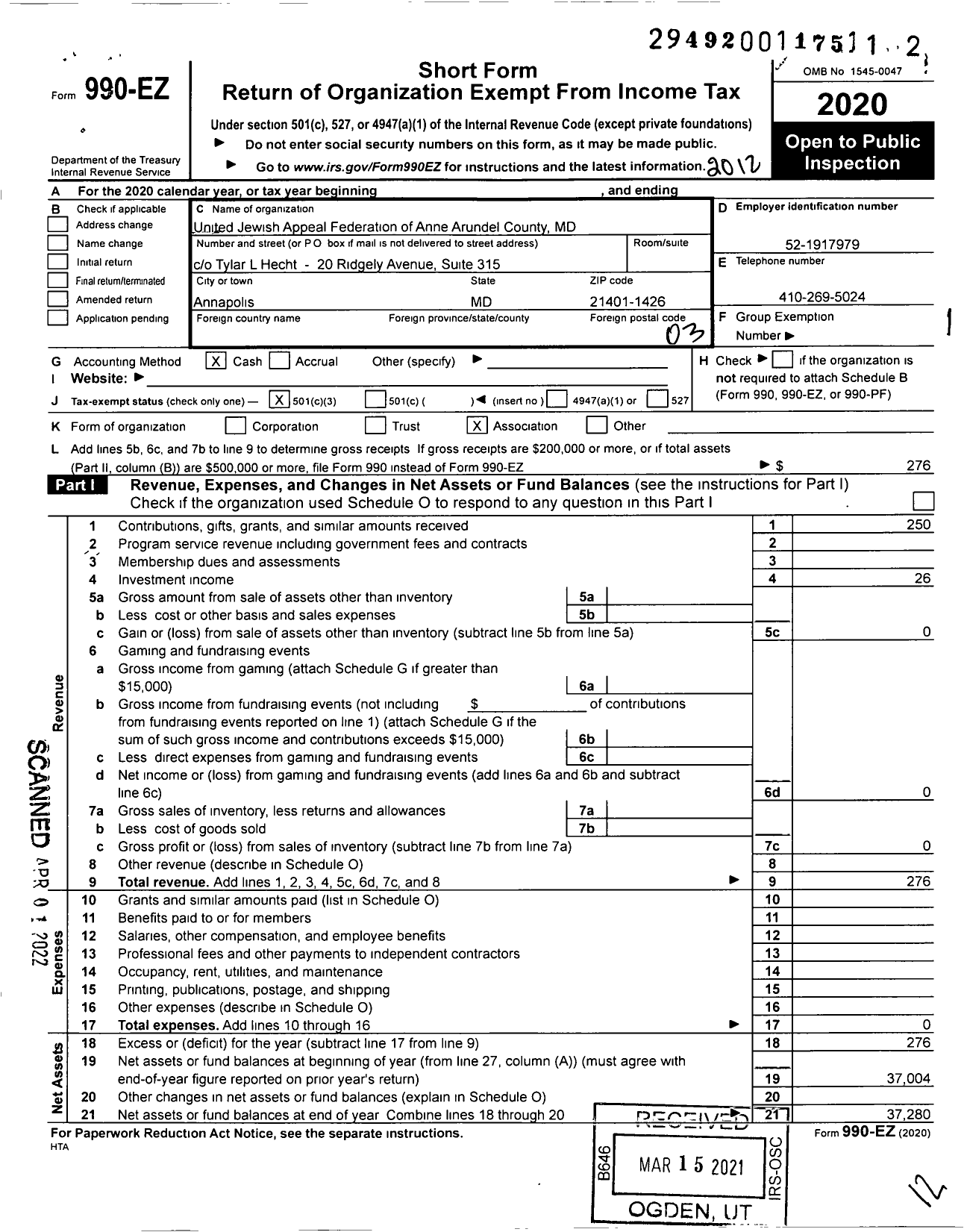 Image of first page of 2020 Form 990EZ for United Jewish Appeal Federation of Anne Arundel County MD