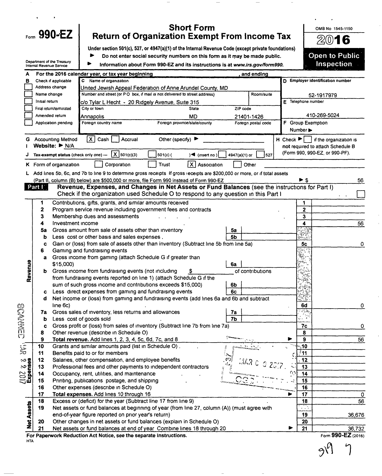 Image of first page of 2016 Form 990EZ for United Jewish Appeal Federation of Anne Arundel County MD