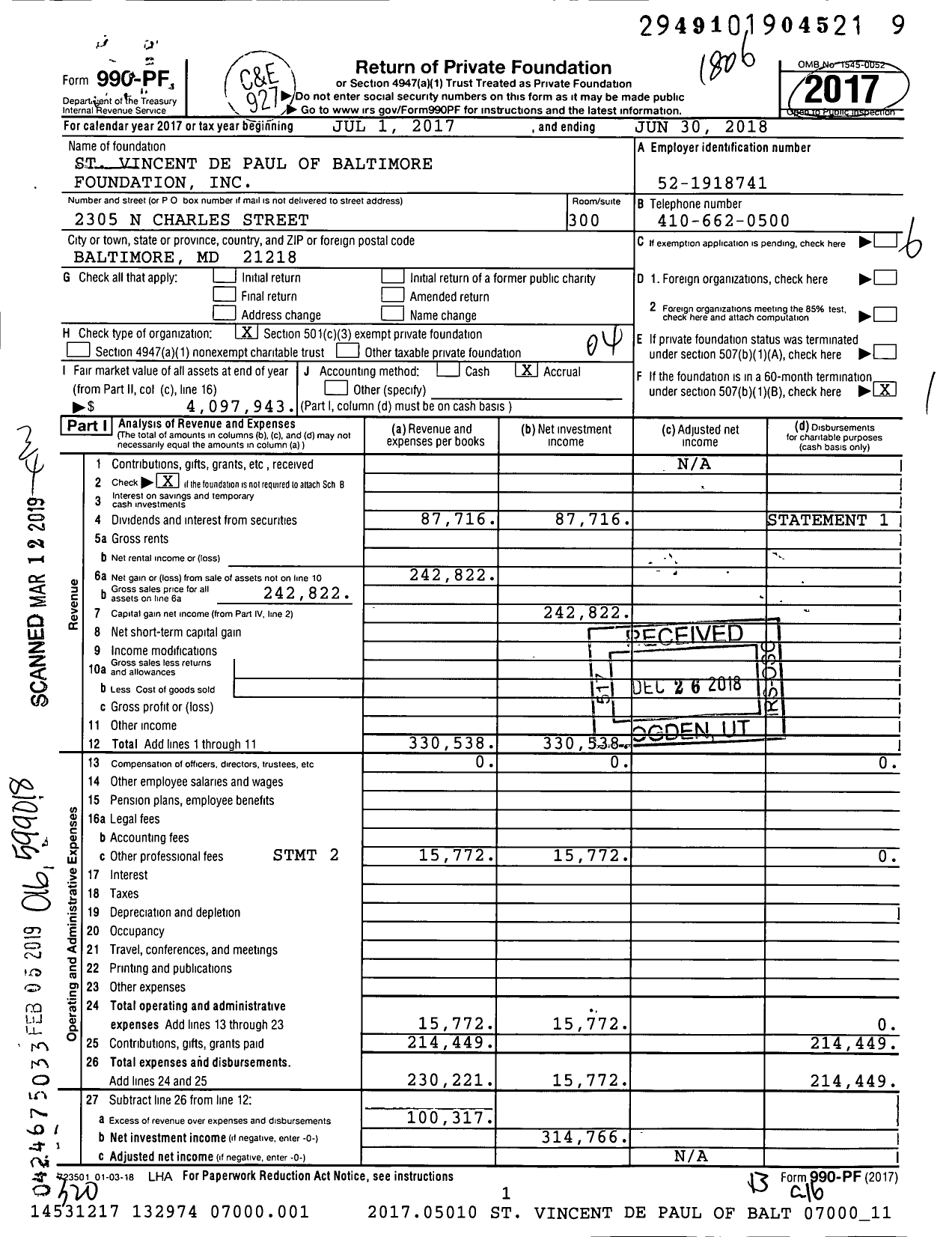 Image of first page of 2017 Form 990PF for St Vincent de Paul of Baltimore Foundation