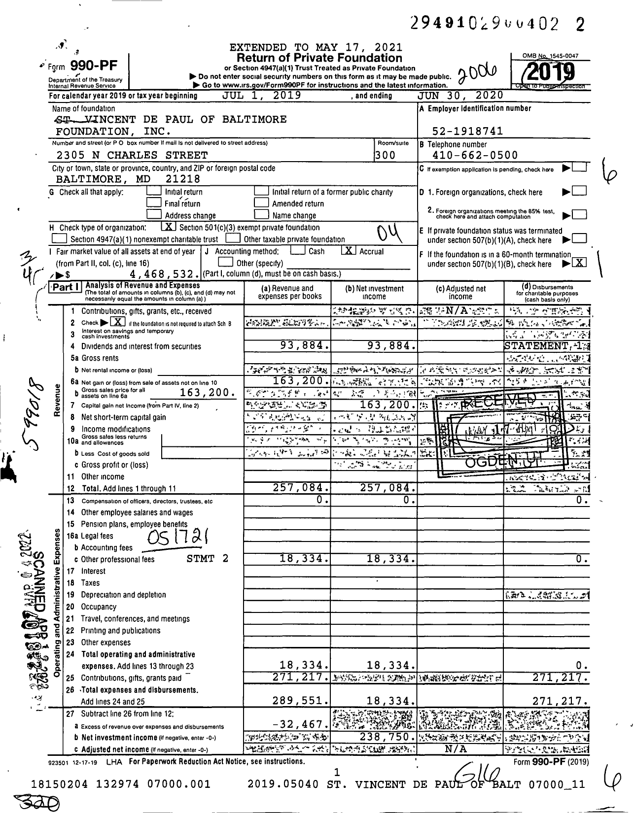 Image of first page of 2019 Form 990PF for St Vincent de Paul of Baltimore Foundation