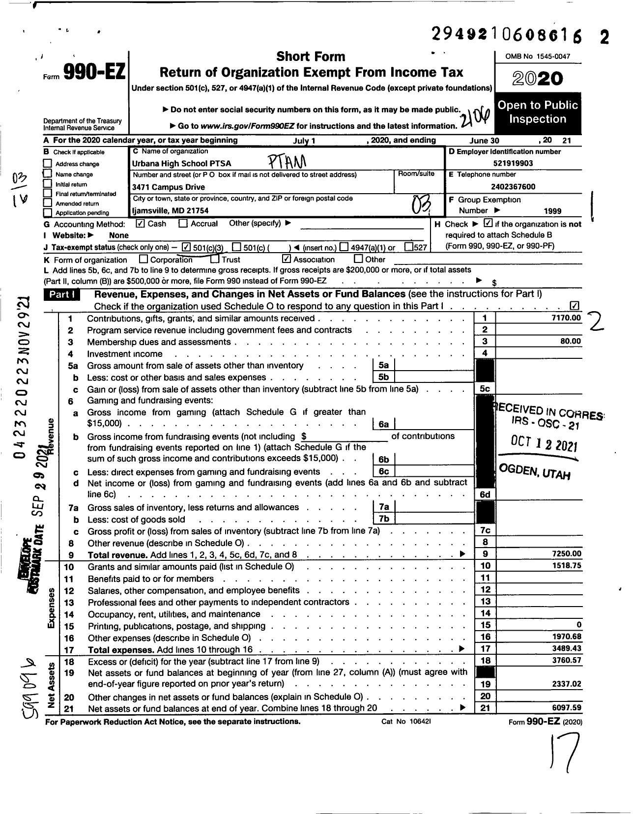 Image of first page of 2020 Form 990EZ for Urbana High School Ptsa