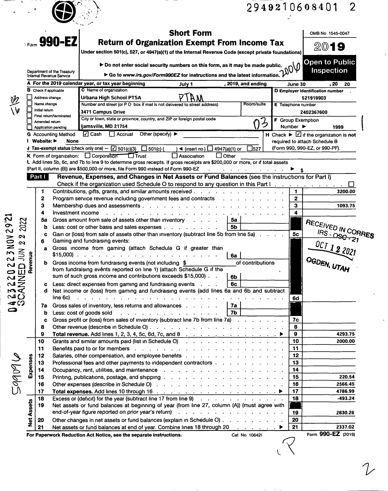 Image of first page of 2019 Form 990EZ for Urbana High School Ptsa