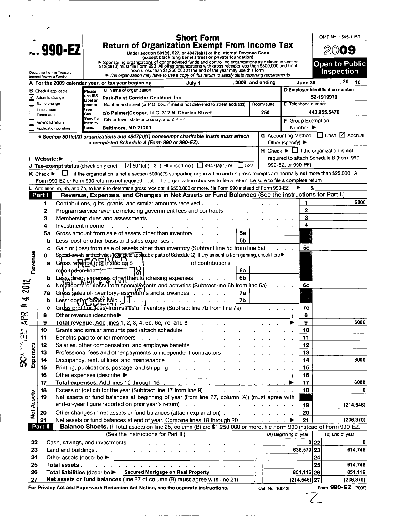 Image of first page of 2009 Form 990EZ for Park-Reist Corridor Coalition