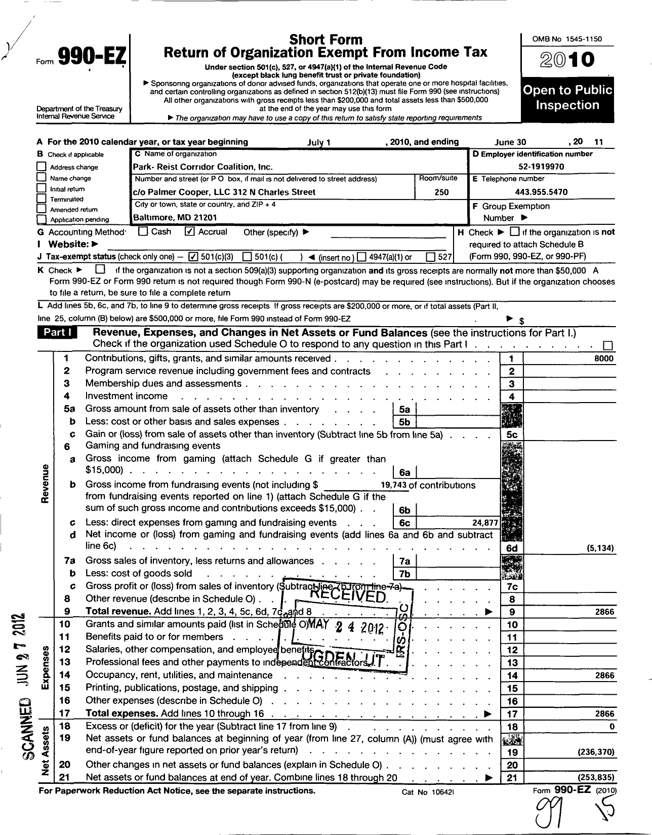 Image of first page of 2010 Form 990EZ for Park-Reist Corridor Coalition