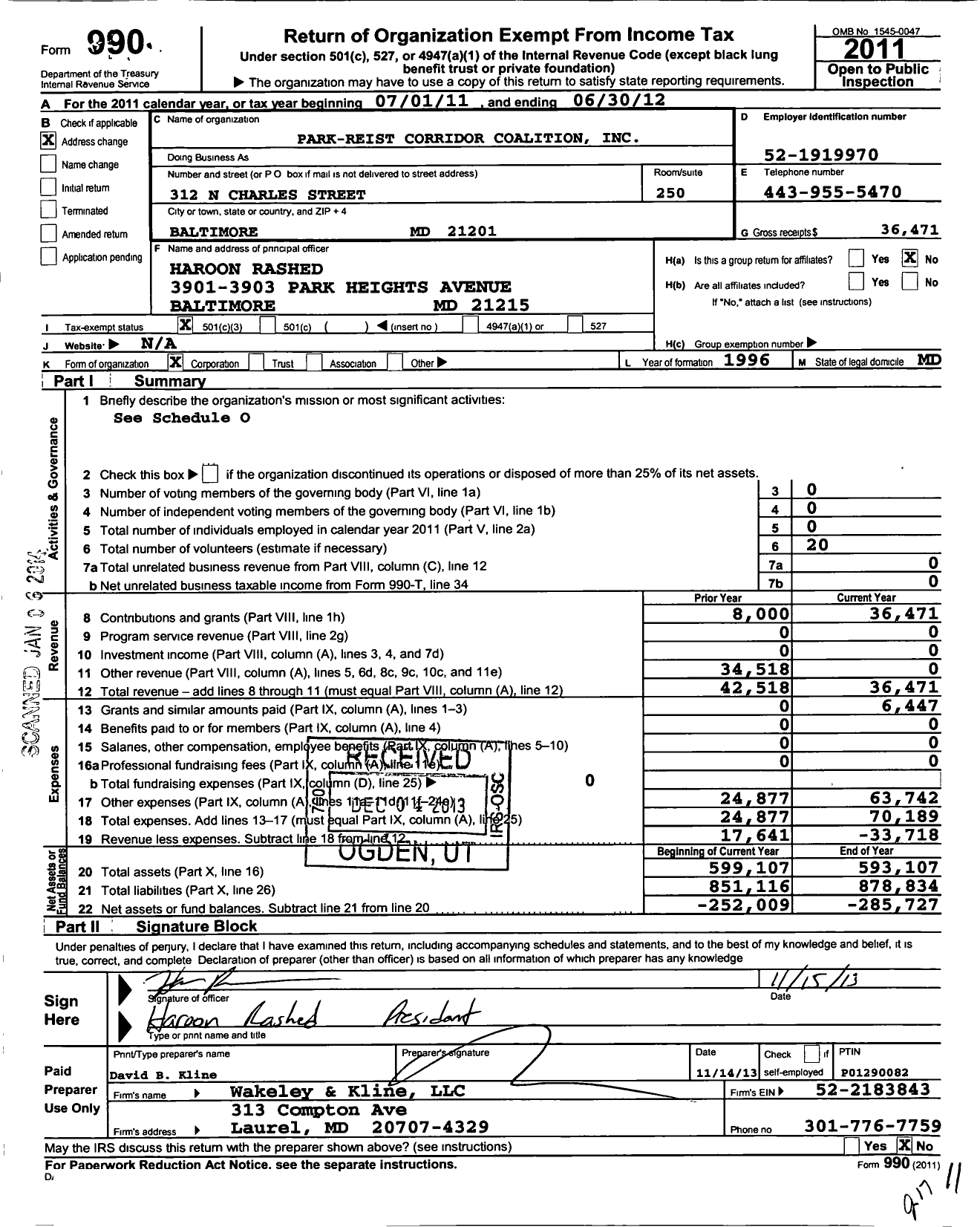 Image of first page of 2011 Form 990 for Park-Reist Corridor Coalition