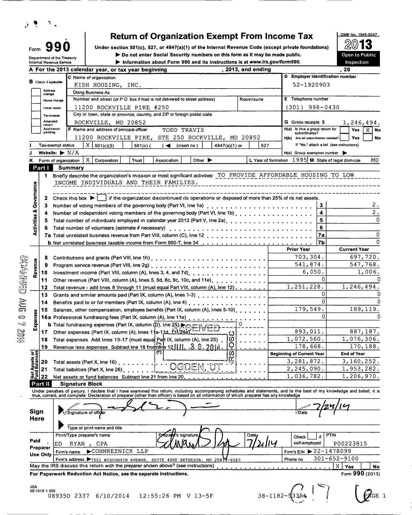 Image of first page of 2013 Form 990 for KISH Housing