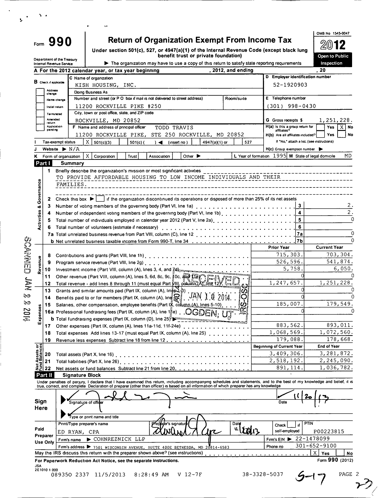 Image of first page of 2012 Form 990 for KISH Housing
