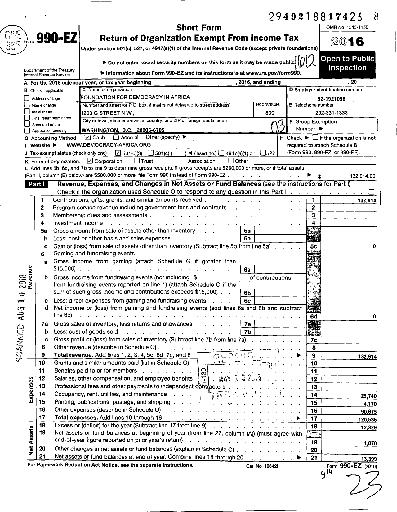 Image of first page of 2016 Form 990EZ for Foundation for Democracy for Africa