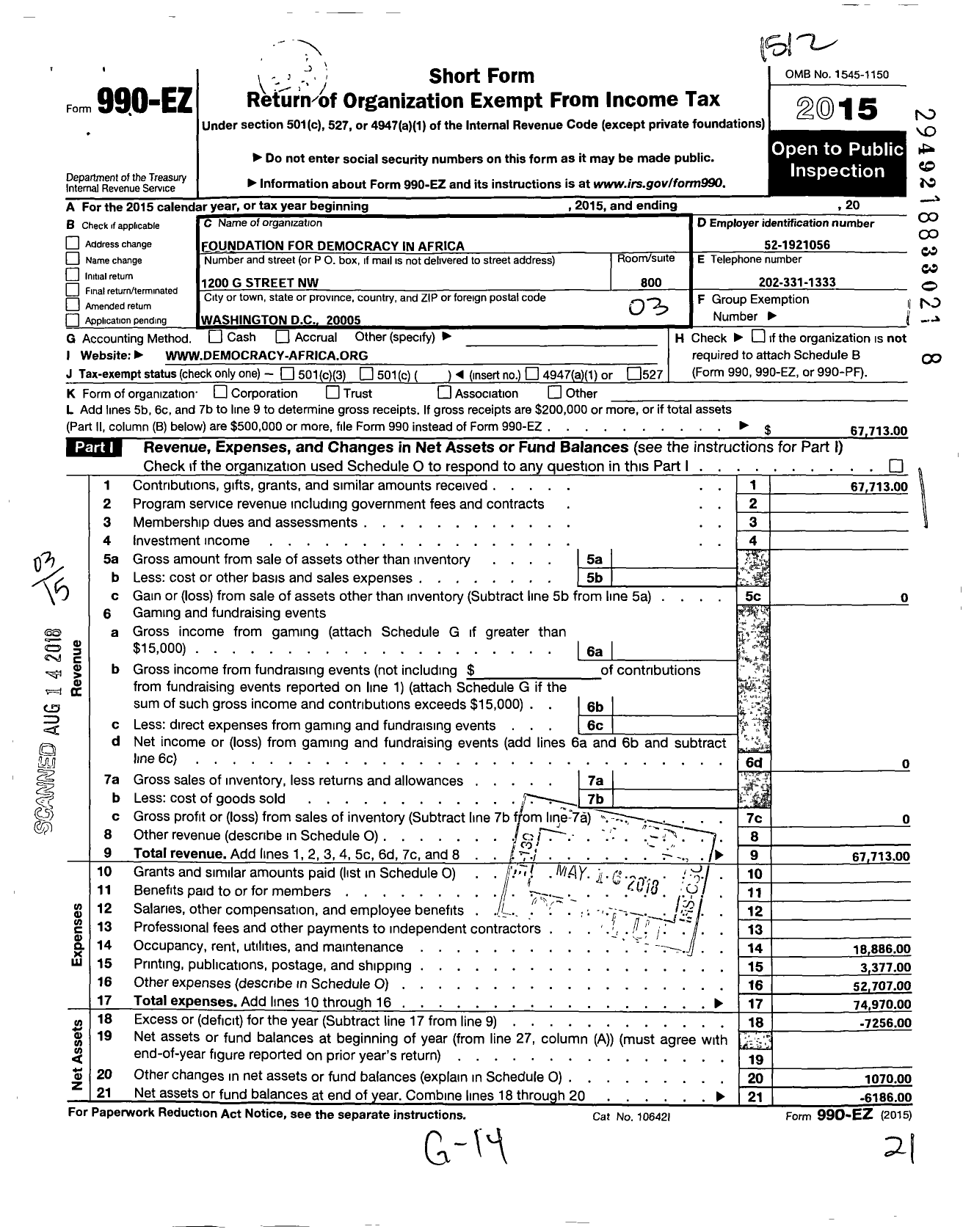 Image of first page of 2015 Form 990EZ for Foundation for Democracy for Africa