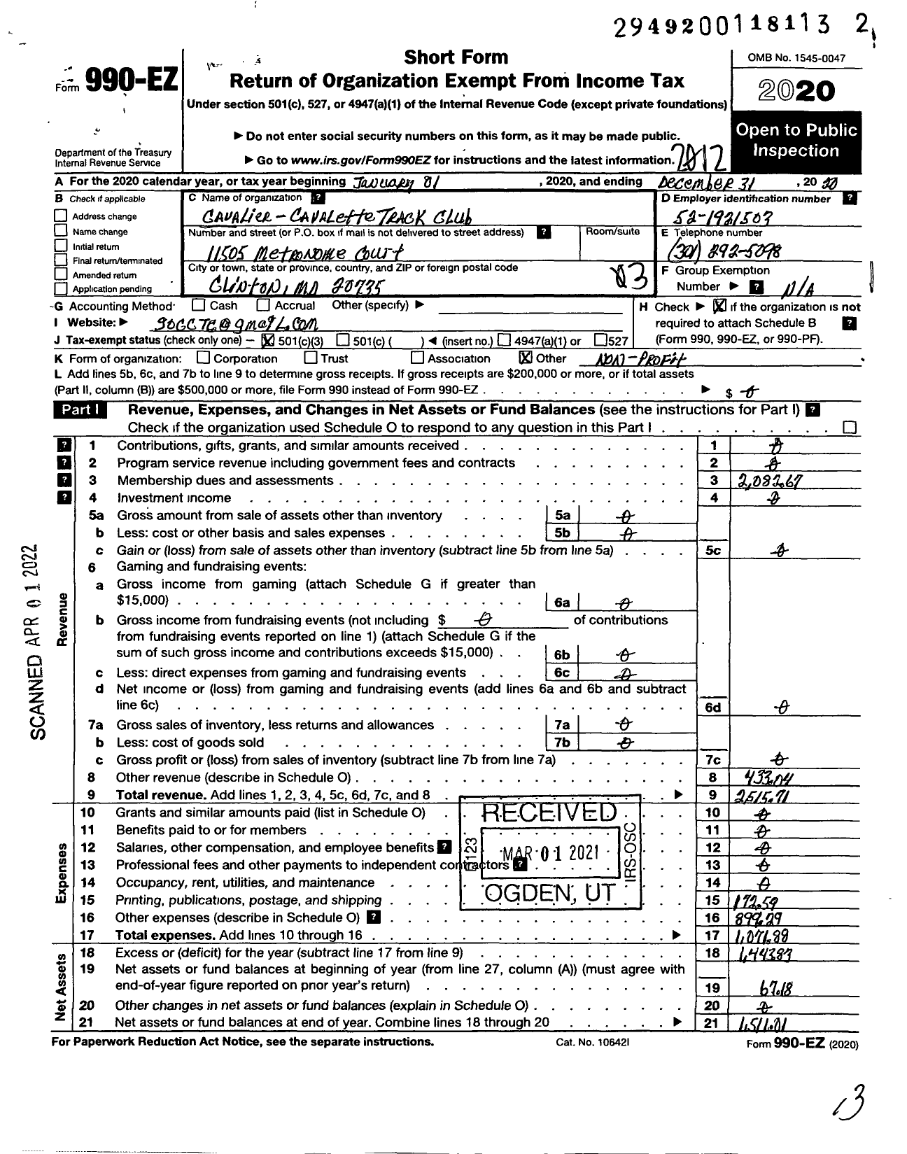 Image of first page of 2020 Form 990EZ for Cavalier Cavalette Track Club