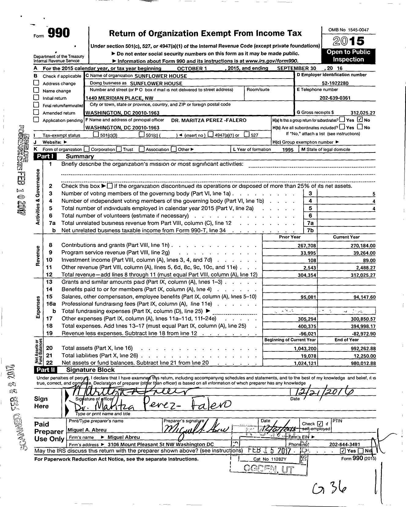 Image of first page of 2015 Form 990O for Sunflower House Sunflower House