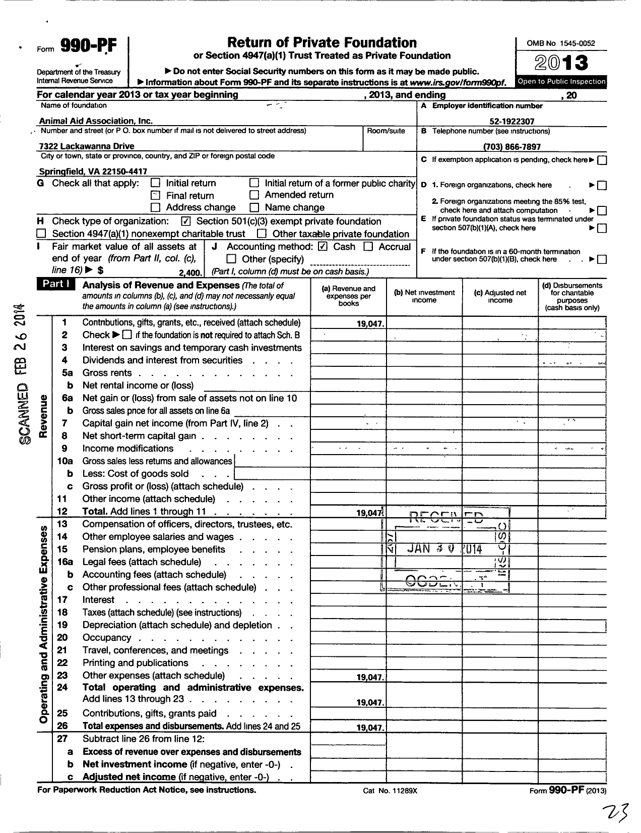 Image of first page of 2013 Form 990PF for Animal Aid Association