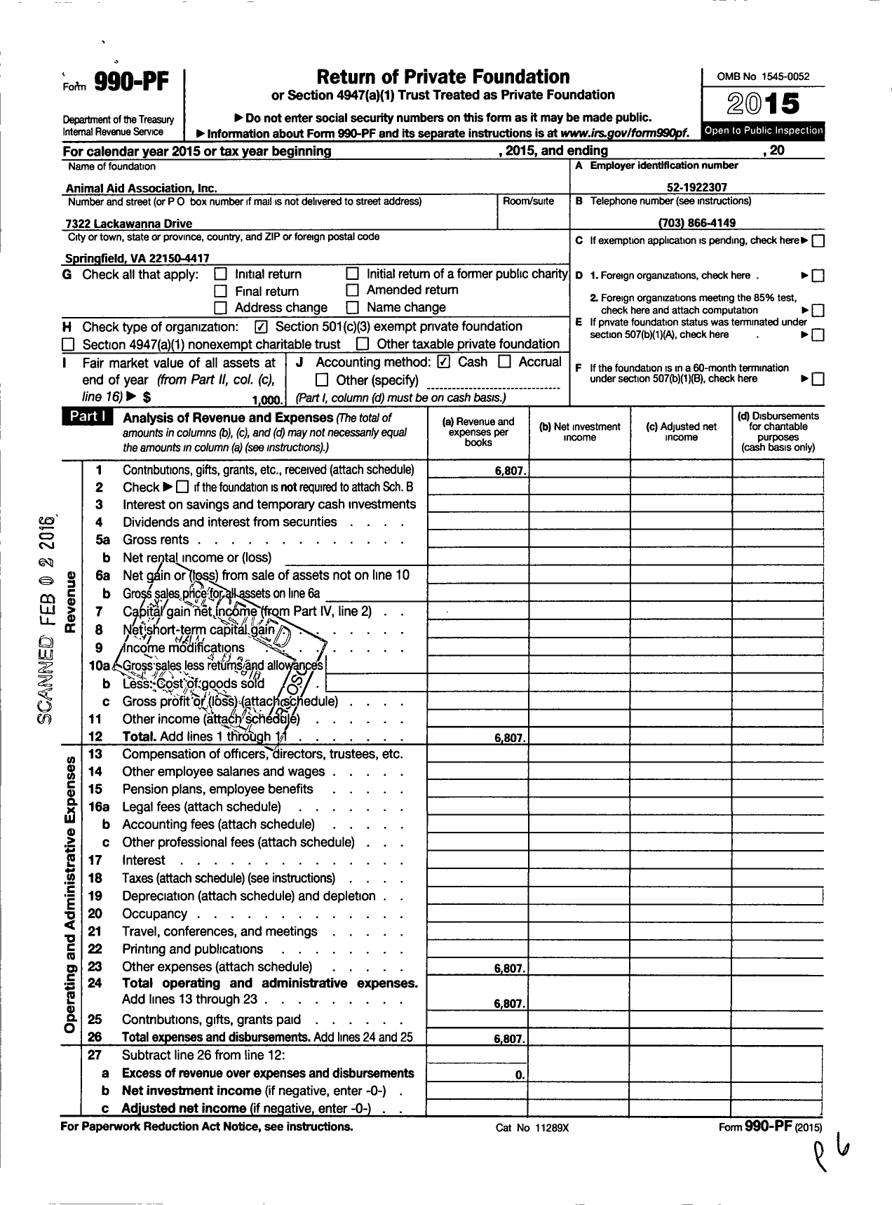 Image of first page of 2015 Form 990PF for Animal Aid Association