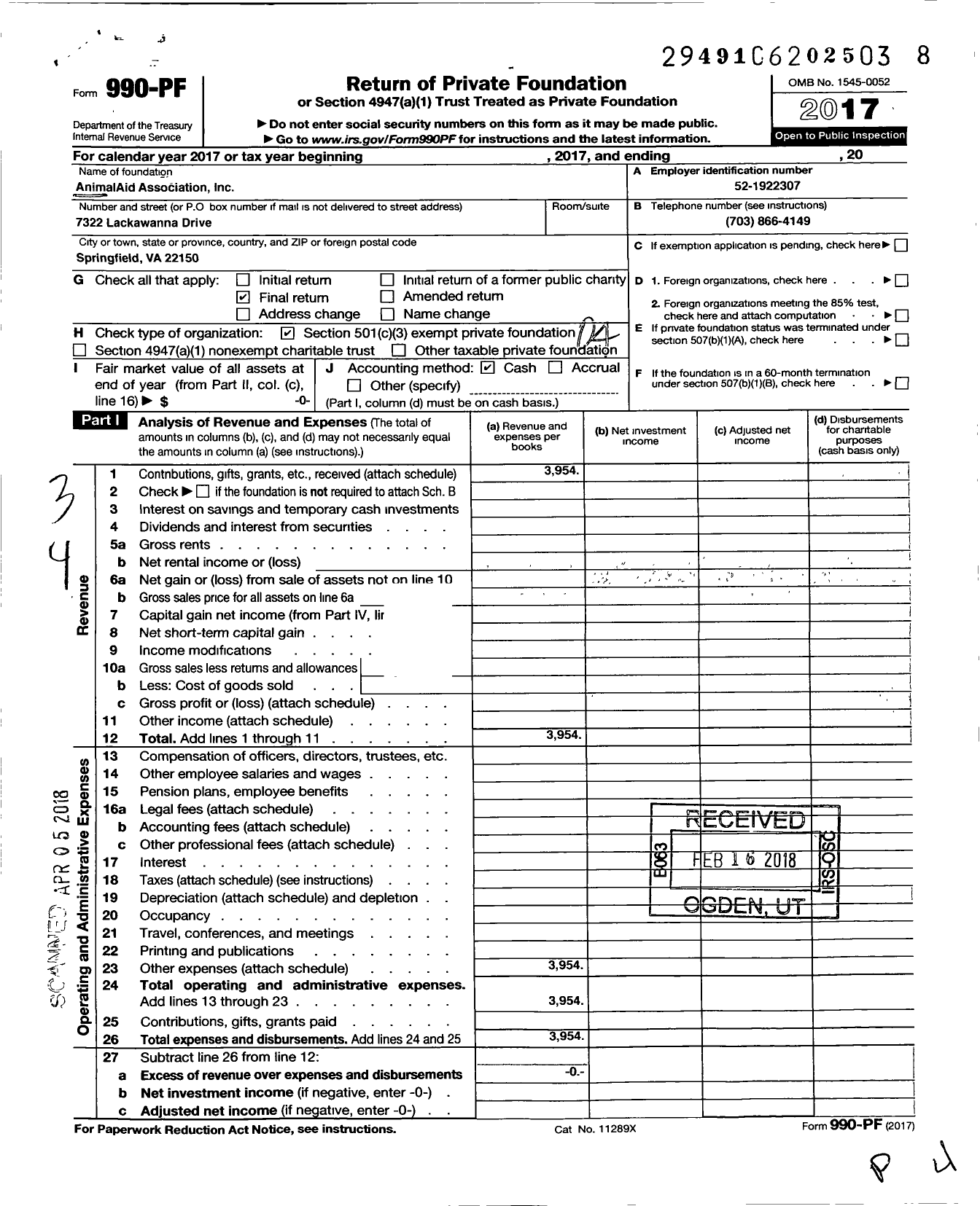 Image of first page of 2017 Form 990PF for Animal Aid Association