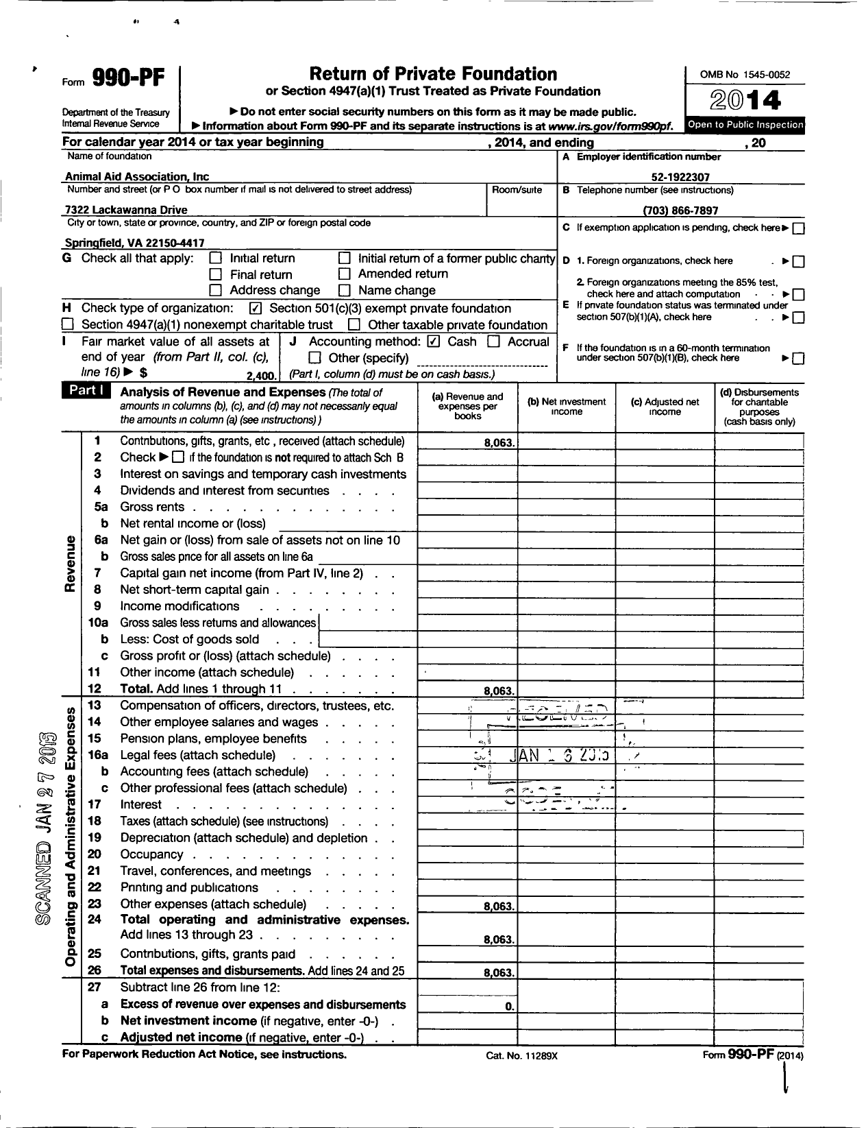 Image of first page of 2014 Form 990PF for Animal Aid Association