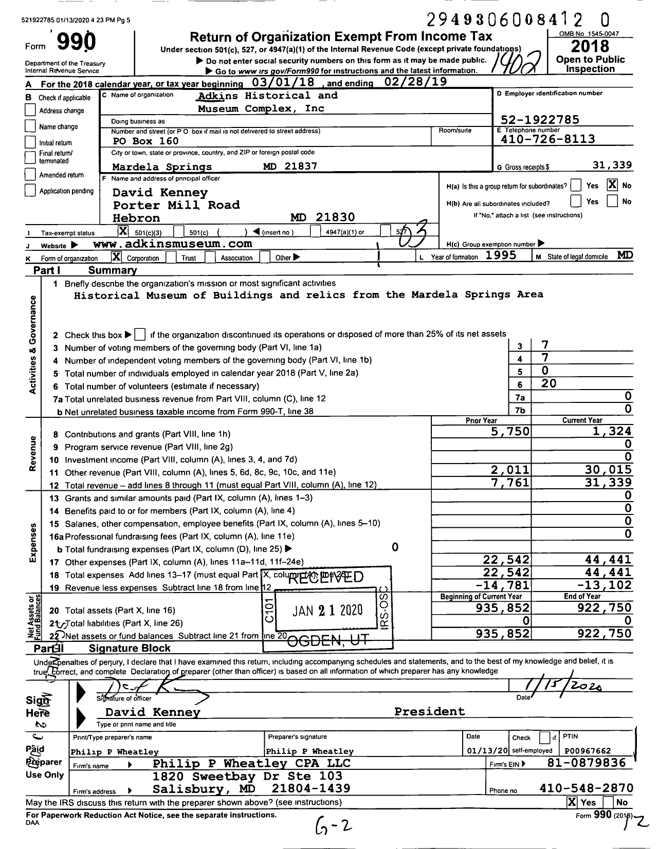 Image of first page of 2018 Form 990 for Adkins Historical and Museum Complex