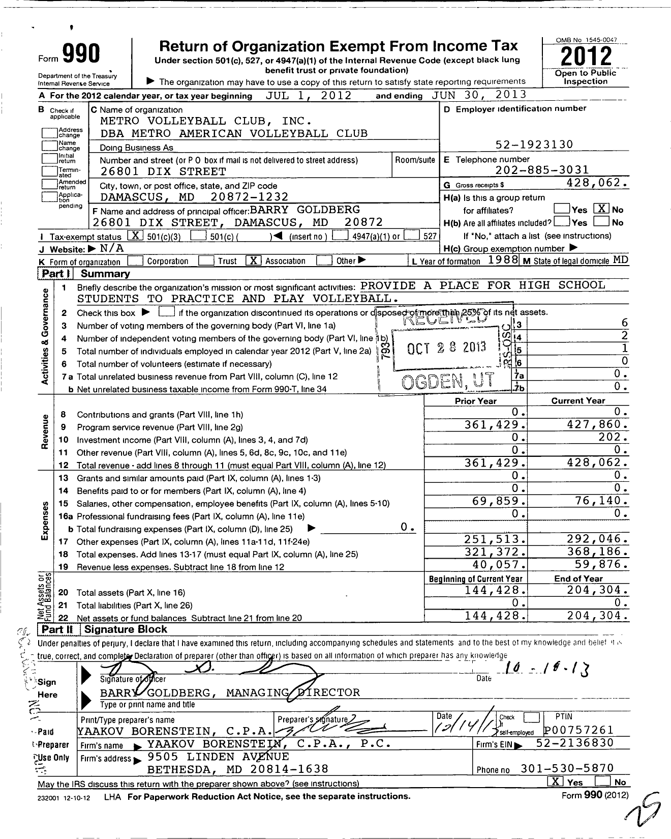 Image of first page of 2012 Form 990 for Metro Volleyball Club