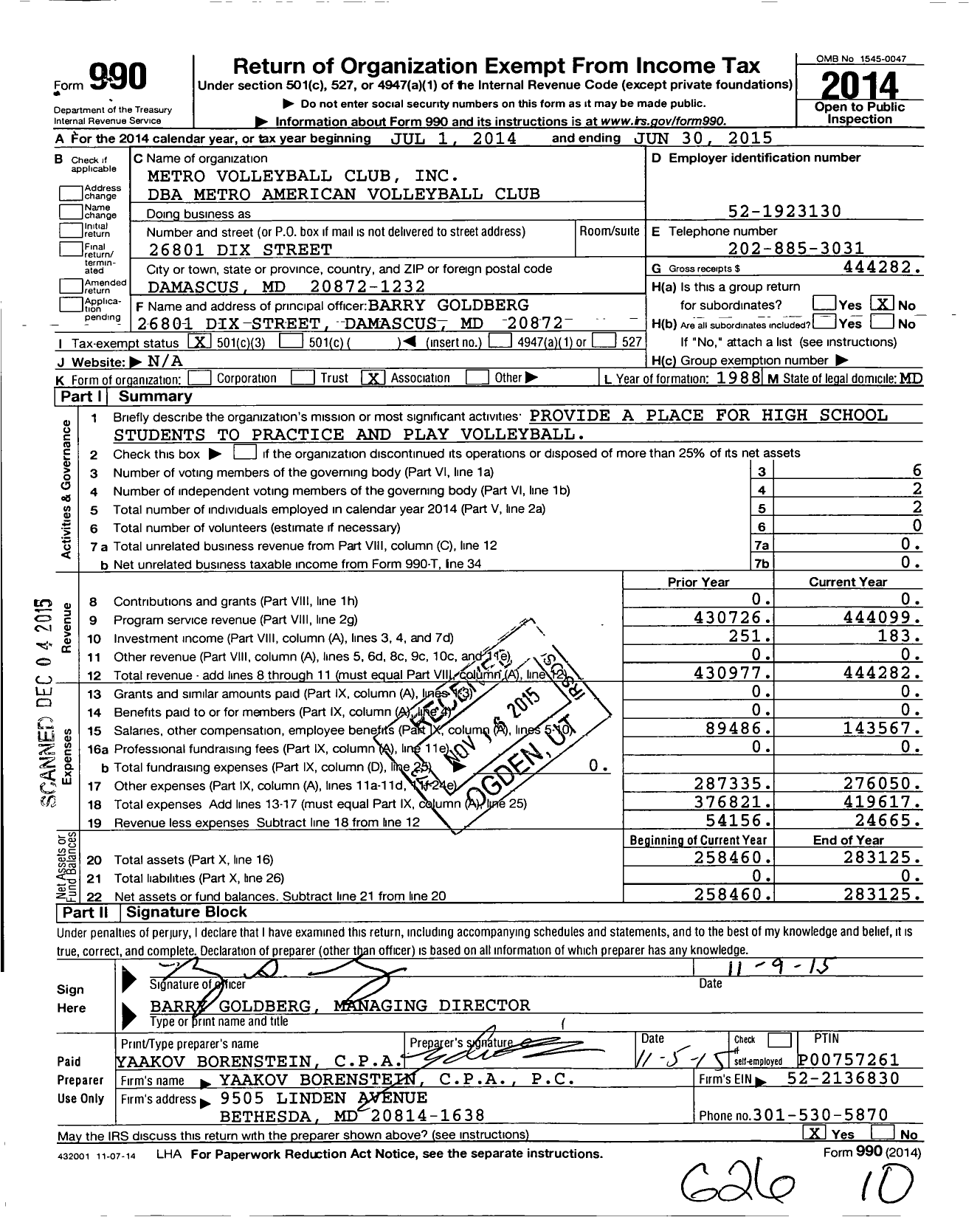 Image of first page of 2014 Form 990 for Metro Volleyball Club