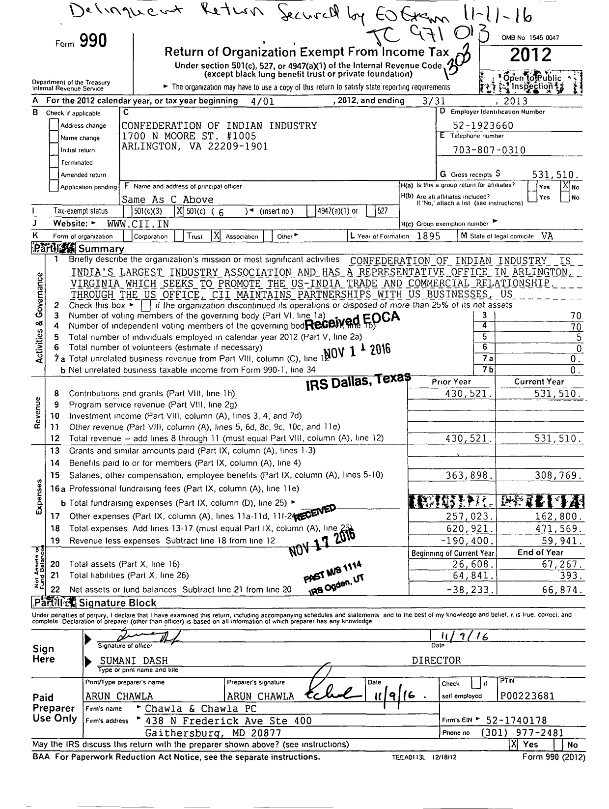 Image of first page of 2012 Form 990O for Confederation of Indian Industry (CII)