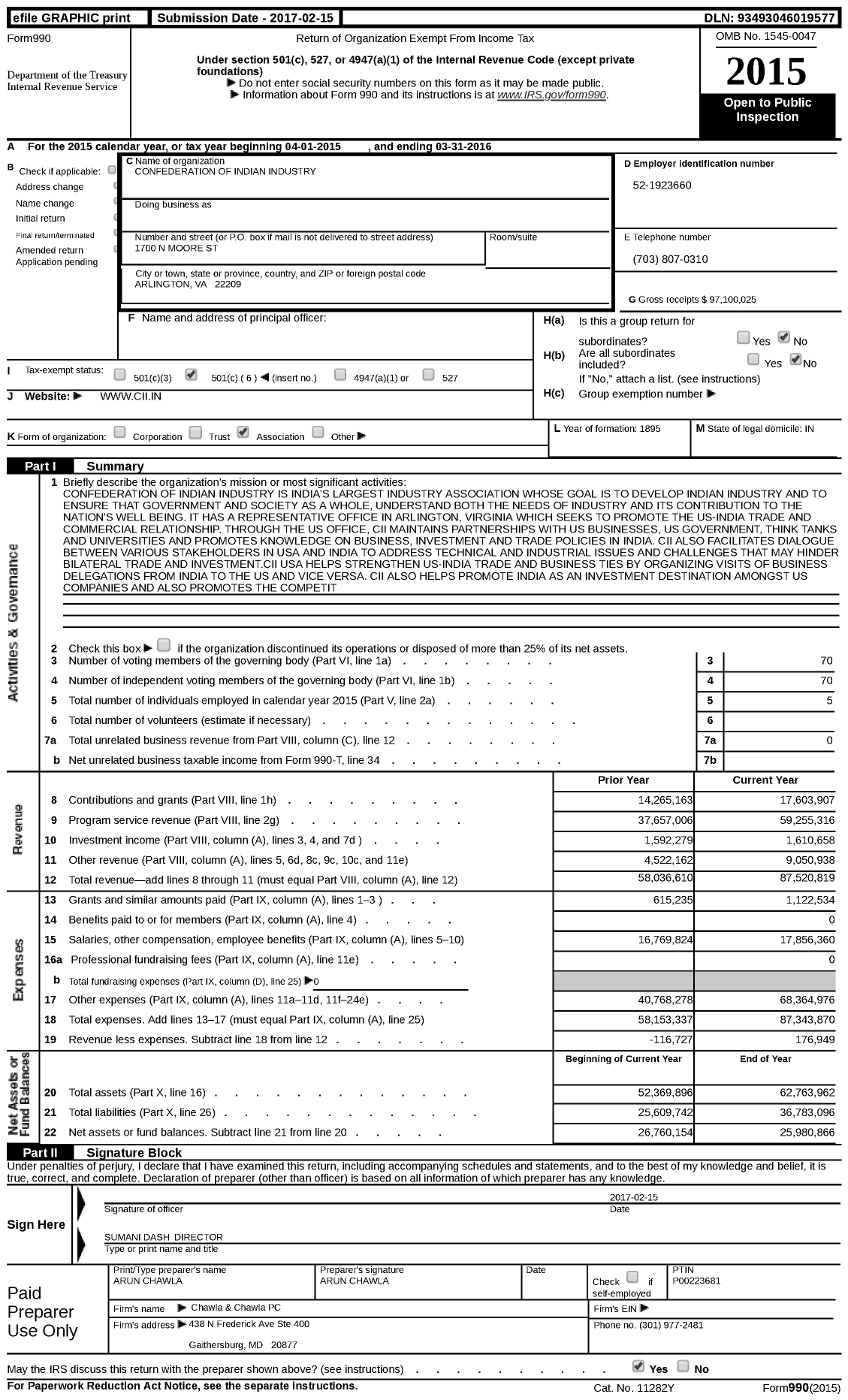 Image of first page of 2015 Form 990 for Confederation of Indian Industry (CII)