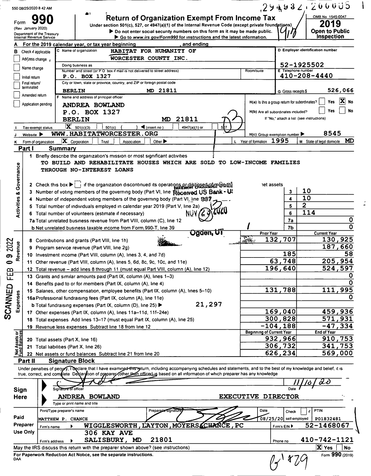 Image of first page of 2019 Form 990 for Habitat for Humanity of Worcester County