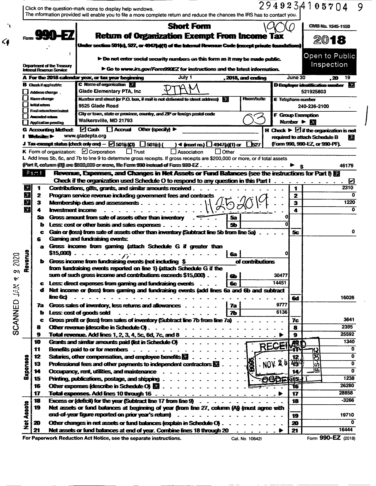 Image of first page of 2018 Form 990EZ for PTA Maryland Congress of Parents and Teachers / Glade Elementary School PTA