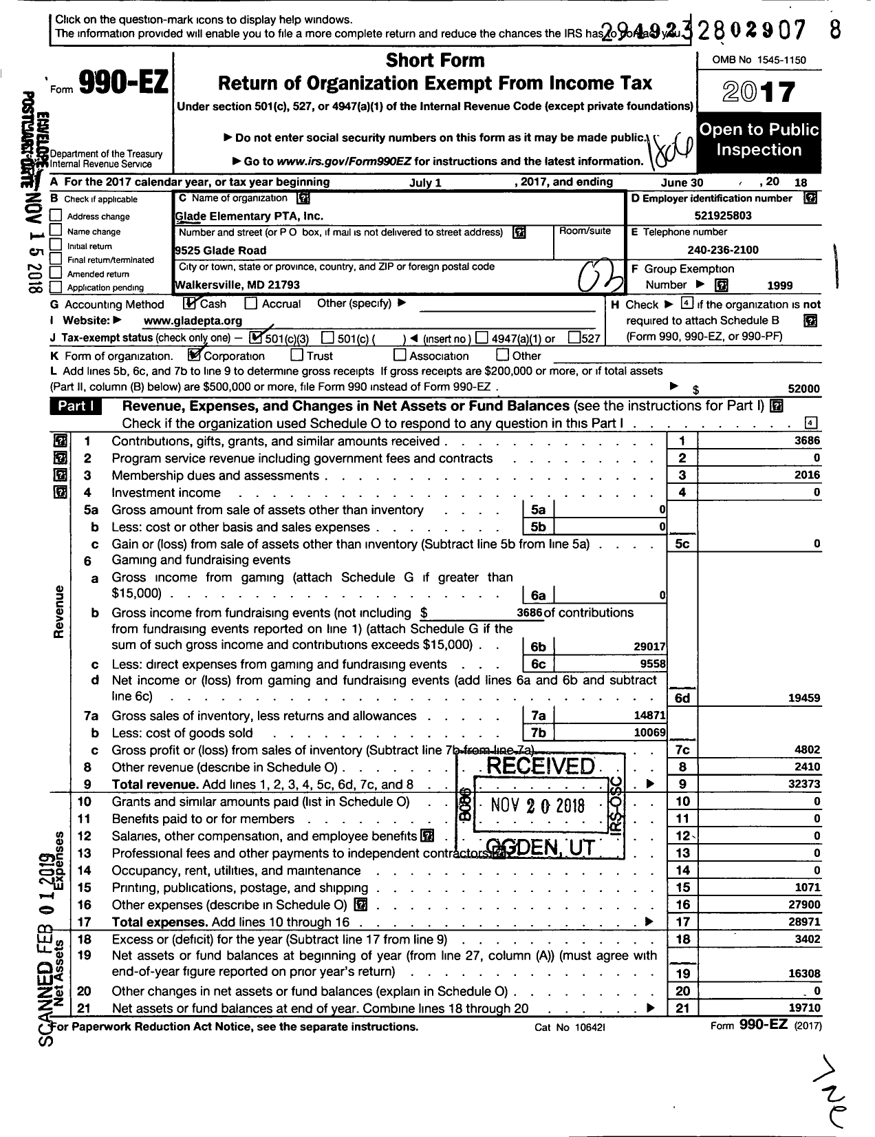 Image of first page of 2017 Form 990EZ for PTA Maryland Congress of Parents and Teachers / Glade Elementary School PTA